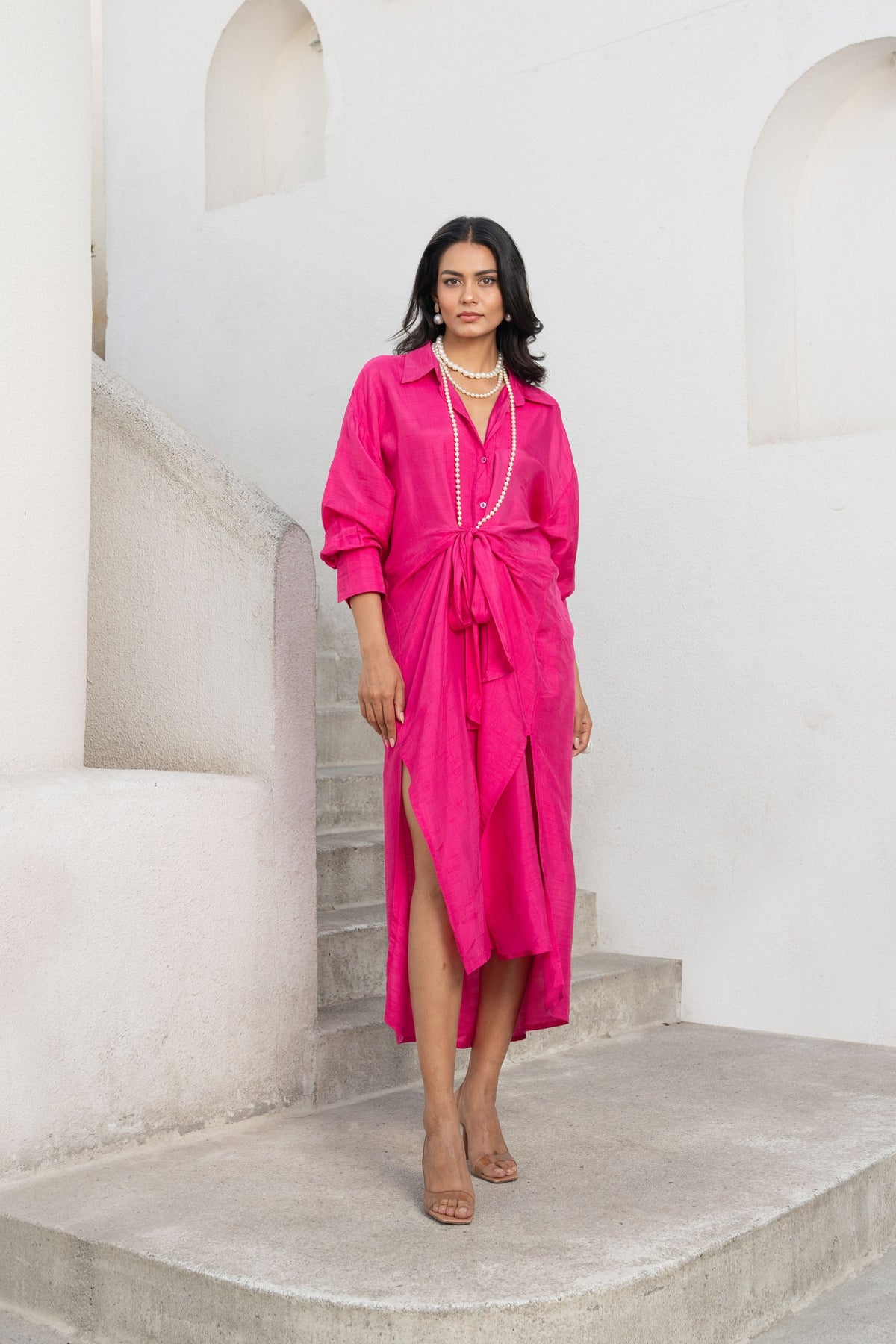 Hot Pink Tie-up Shirt Dress