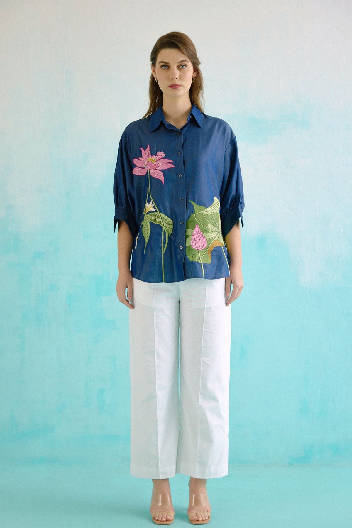 Denim Lotus Oversized Embroidered Shirt