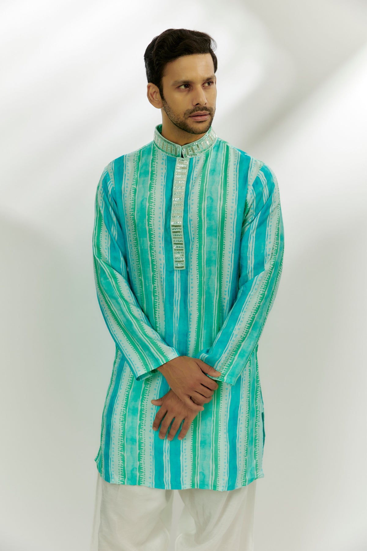 Cyan Blue Stripes Printed Kurta