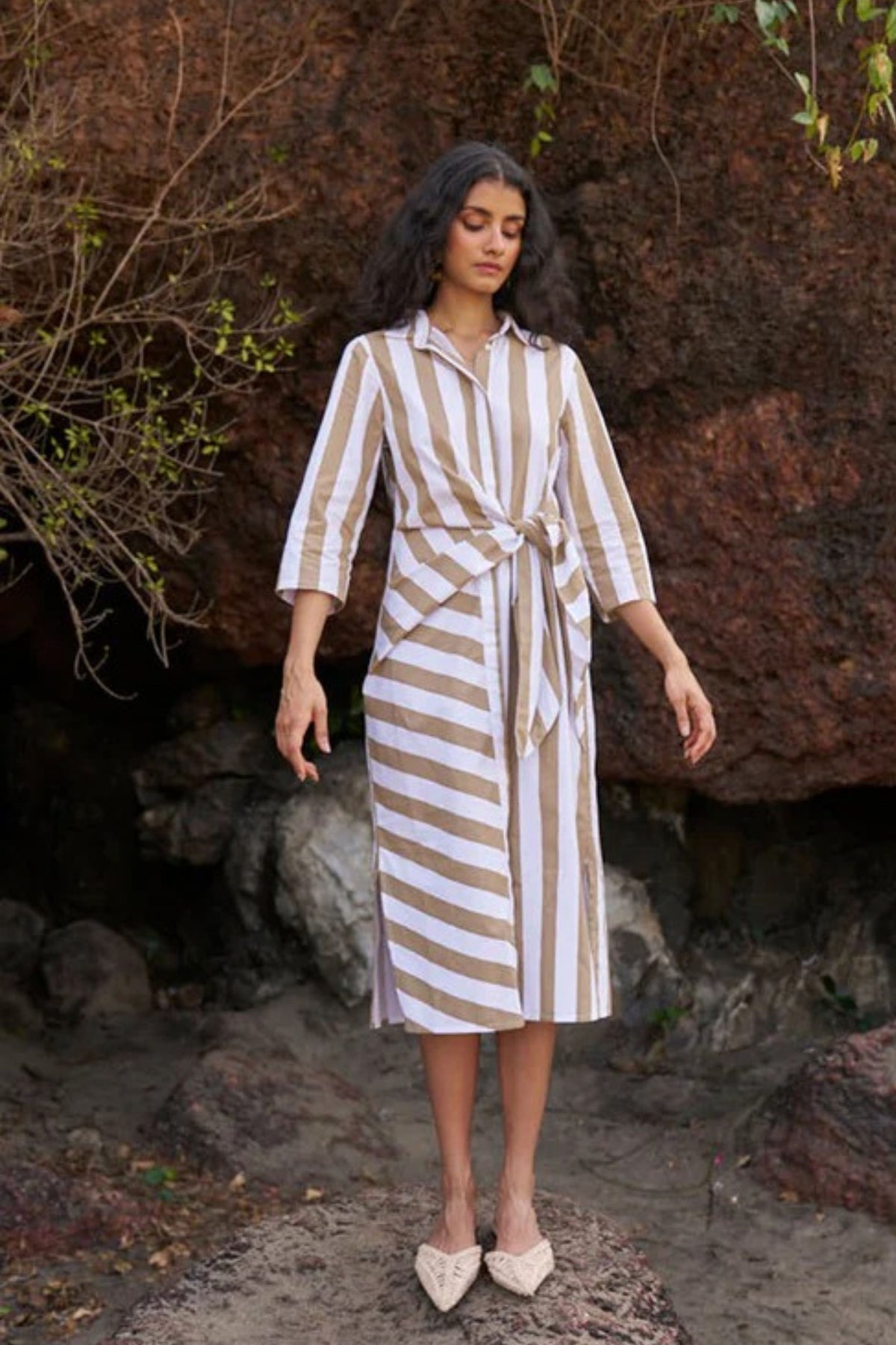 Side Tie Striped Shirt Dress