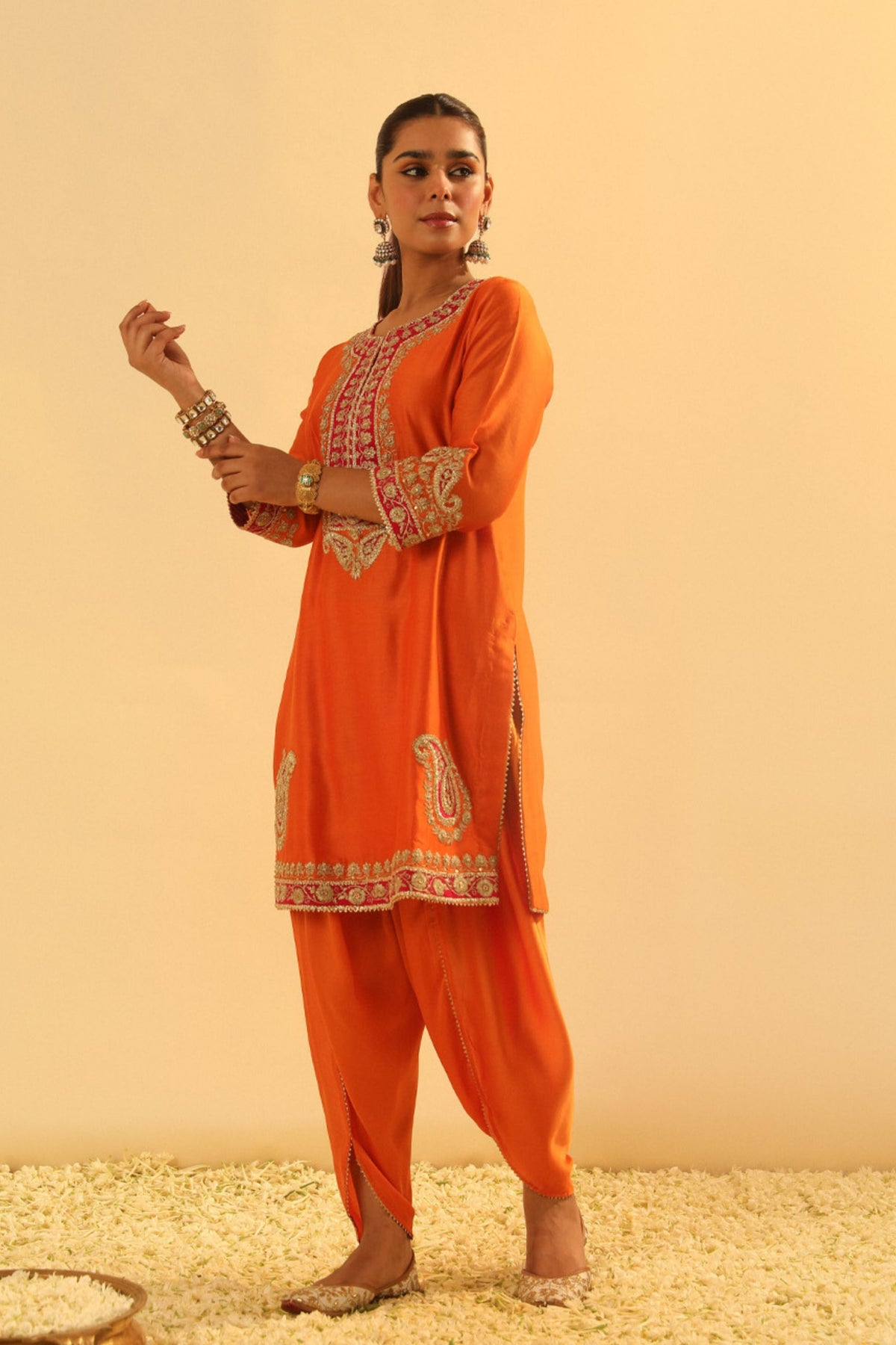 Anjum Short Orange Kurta With Dhoti