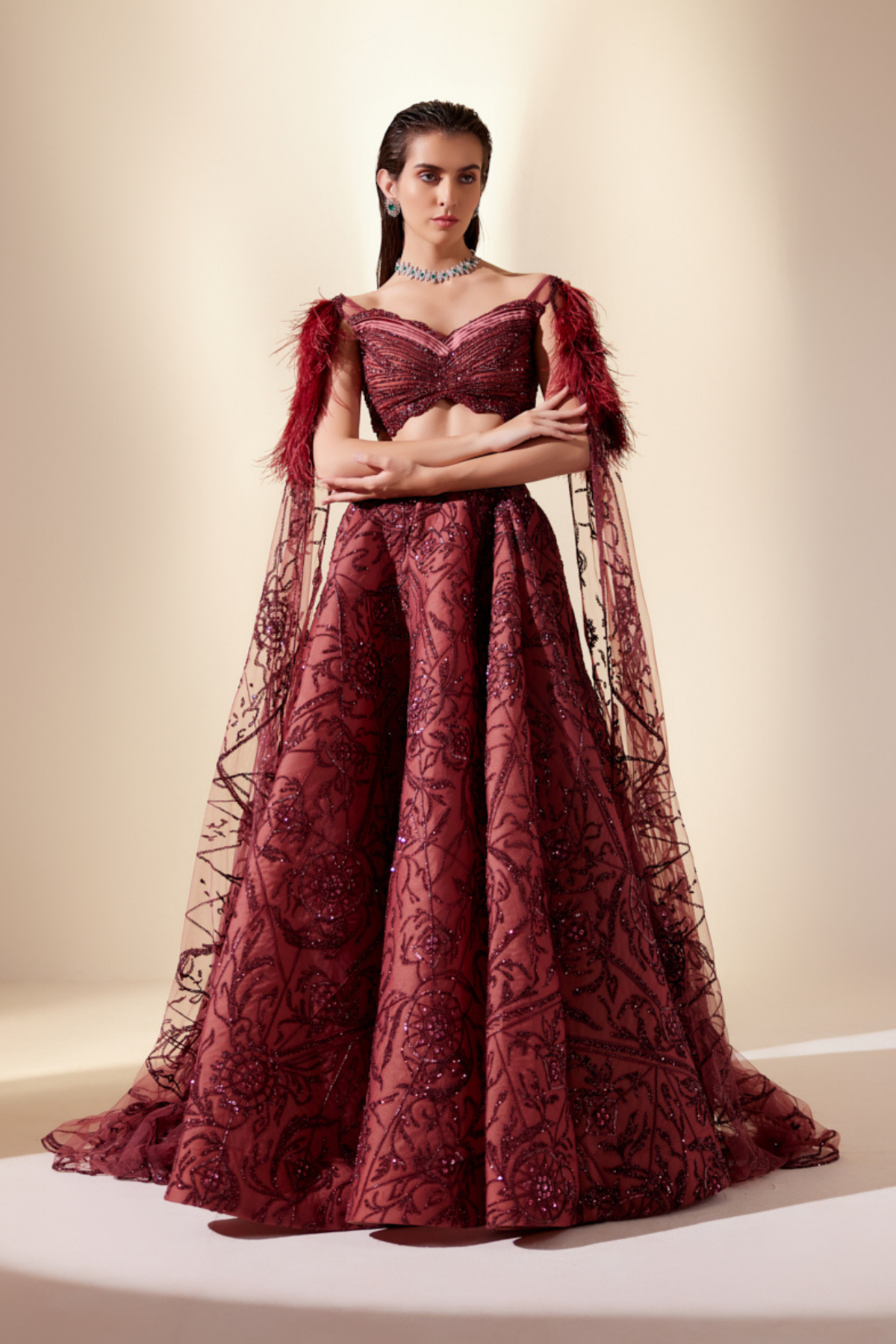 Wine Dewdrop Lehenga