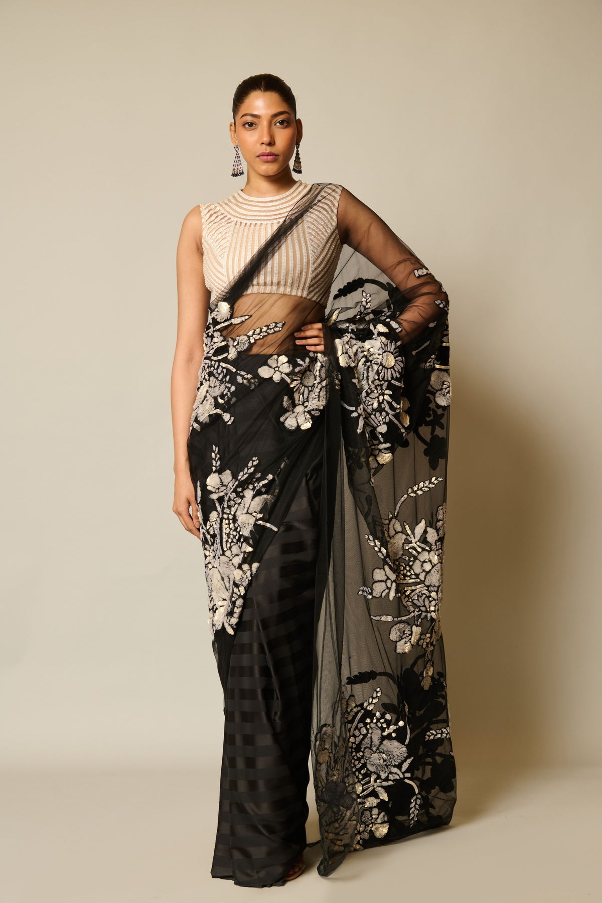 Checkmate Black-ivory Sequin Floral Saree