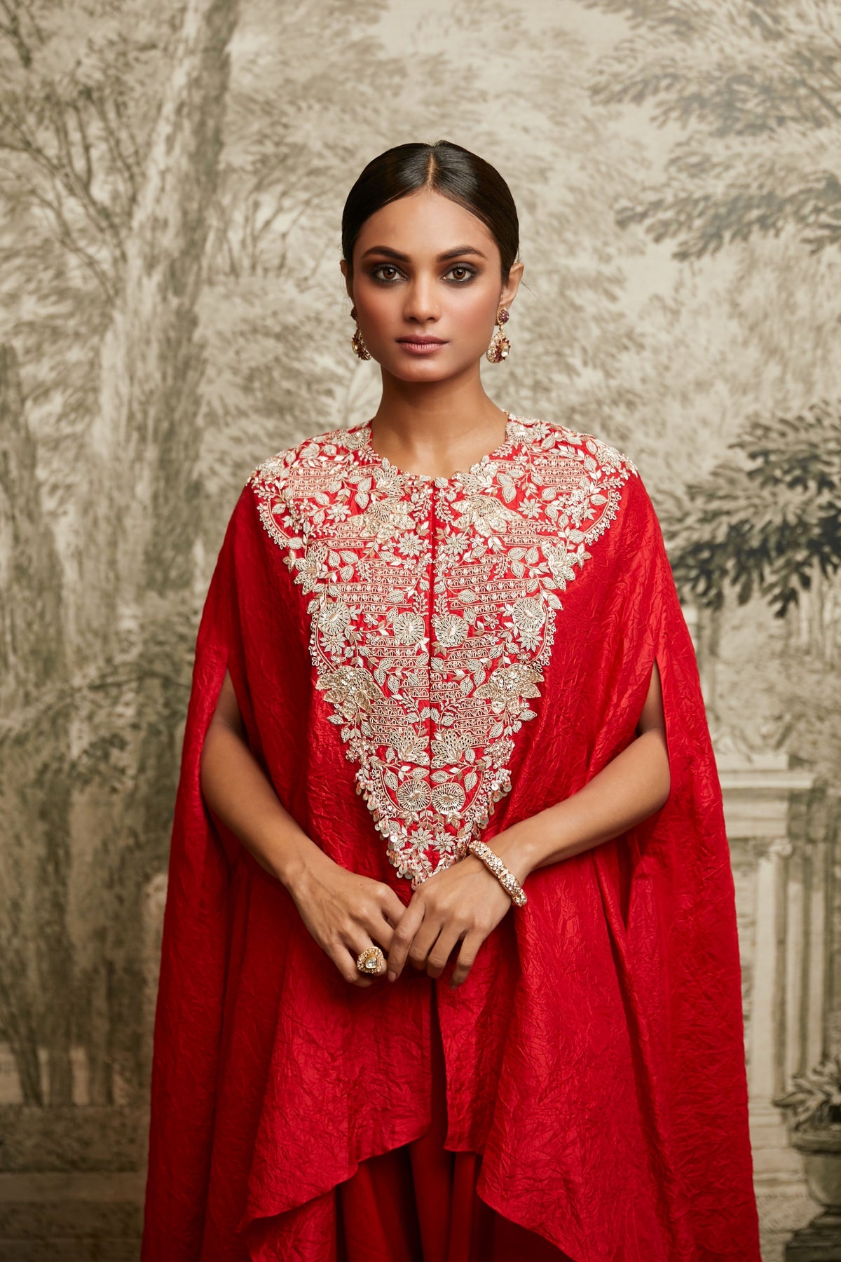 Red Crushed Silk Kaftaan Set