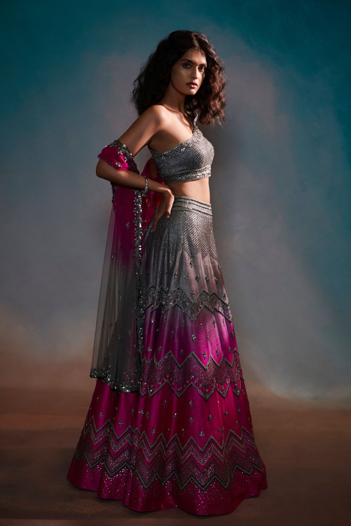 Grey and Fushia Lehnga Set