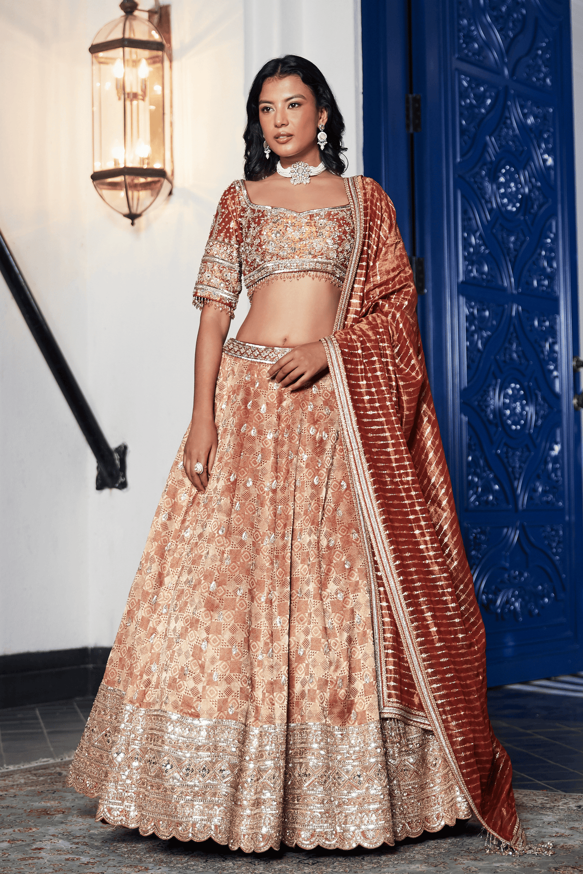 Rust Banarasi Embroidered Lehenga Set