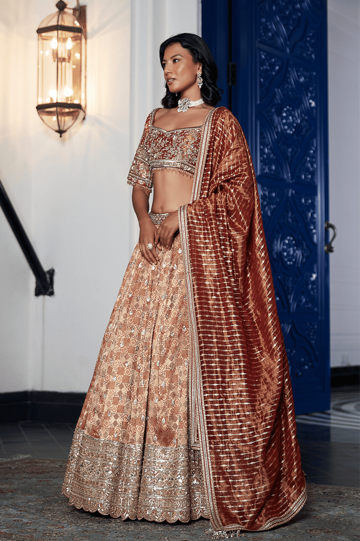 Rust Banarasi Embroidered Lehenga Set