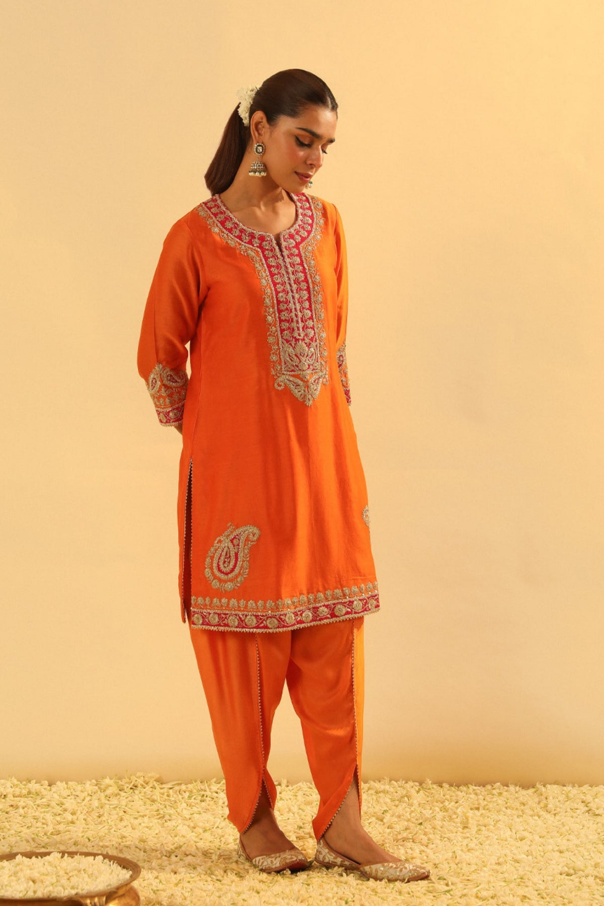 Anjum Short Orange Kurta With Dhoti