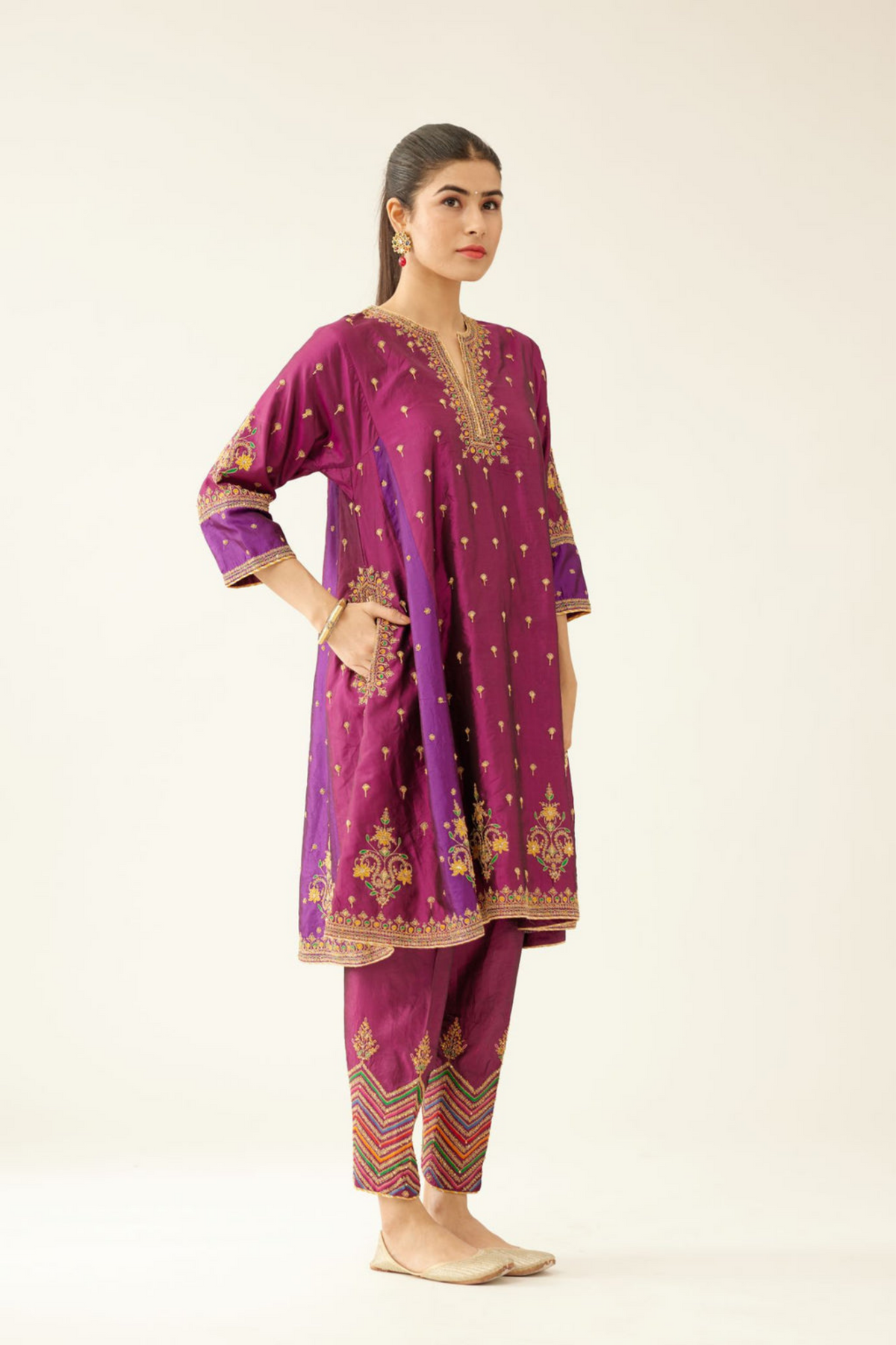 Sangria &amp; Purple Silk Kalidar Kurta Set