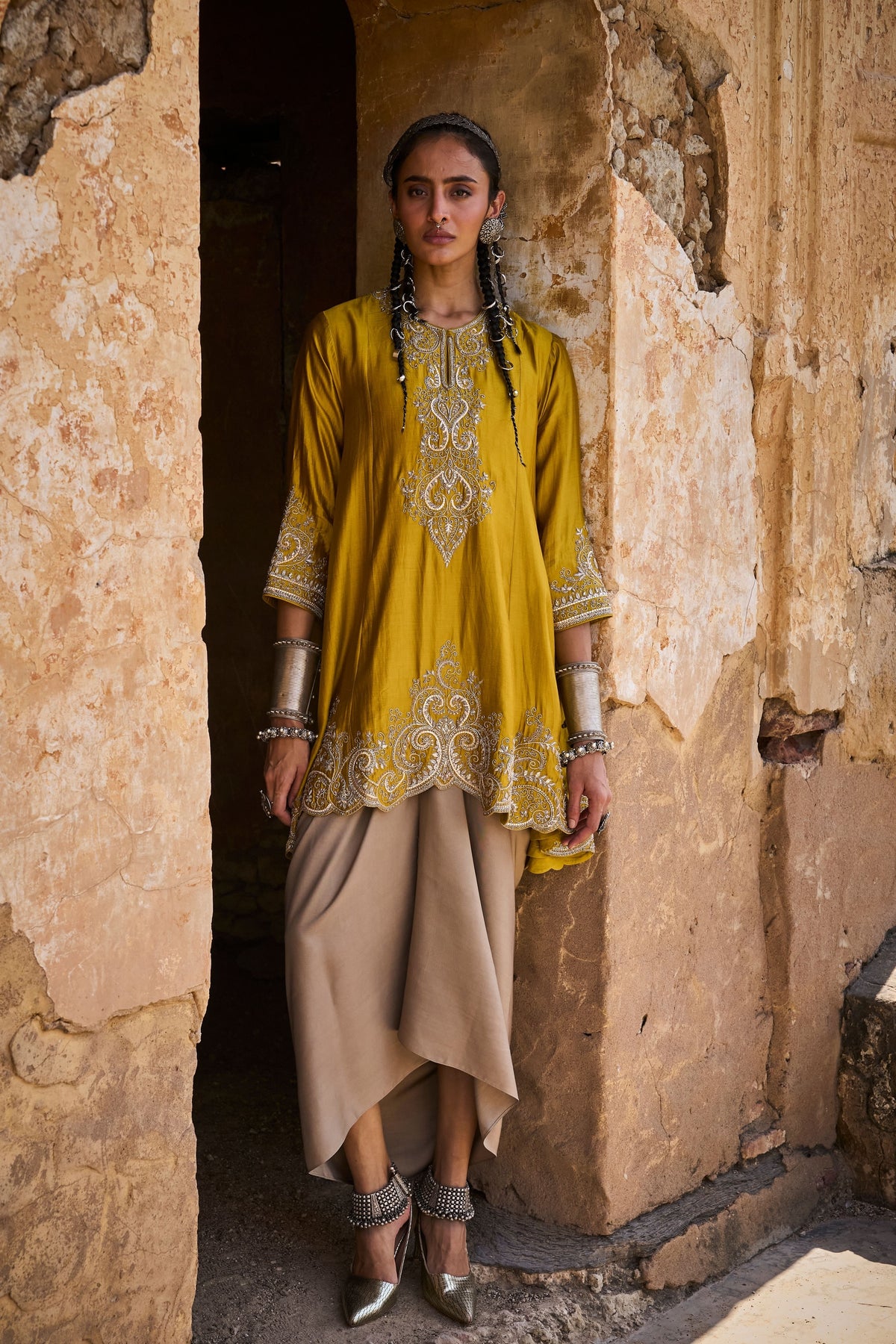 Embroidered Mustard Tunic Set