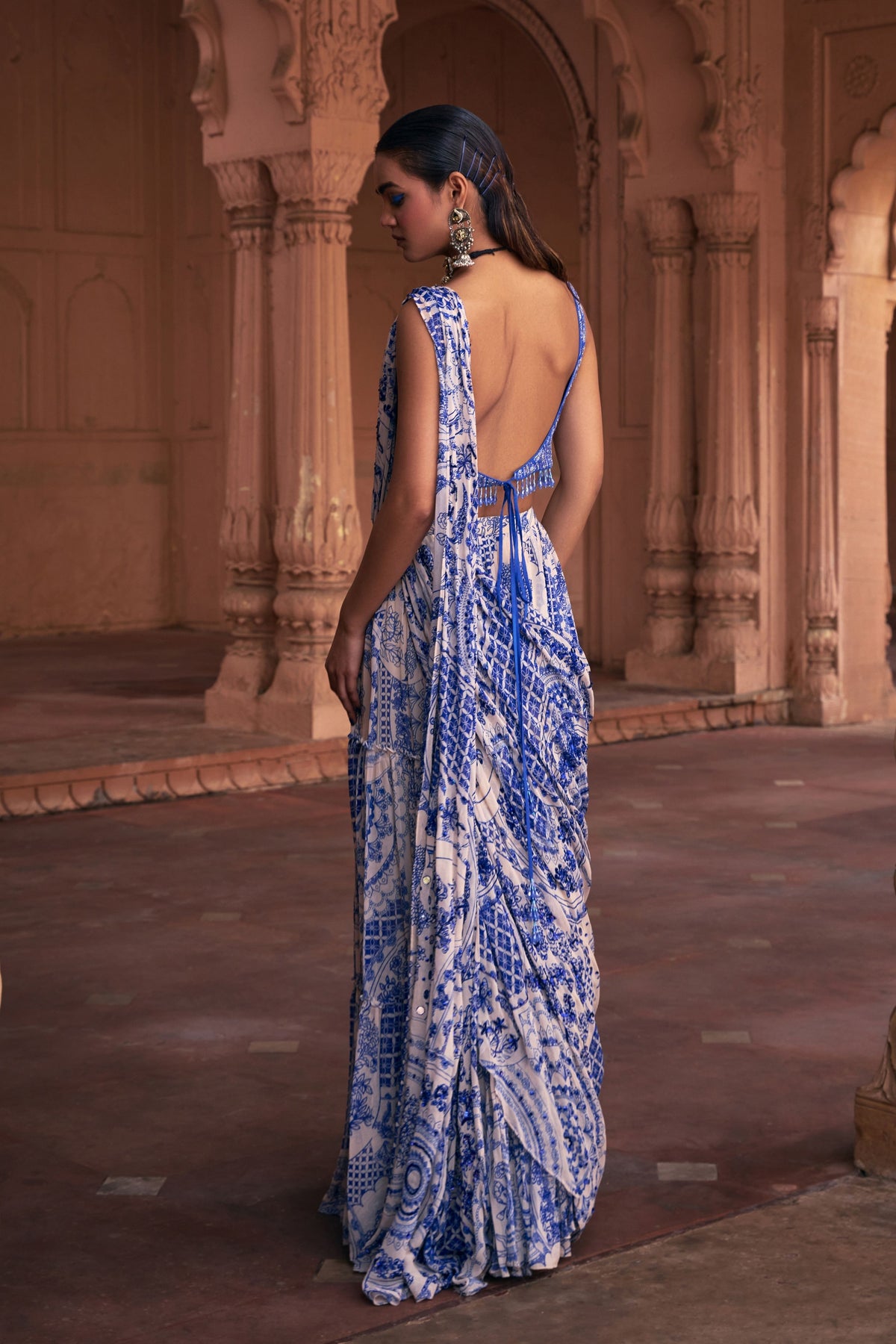 Blue Printed Draped Sharara Set