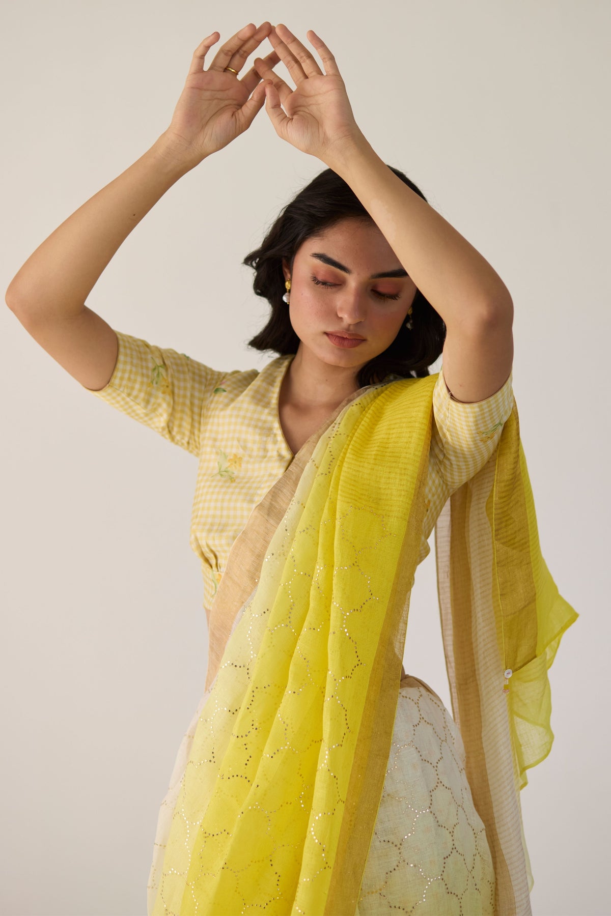 Yellow Ombre Sari With Gold Dot Print