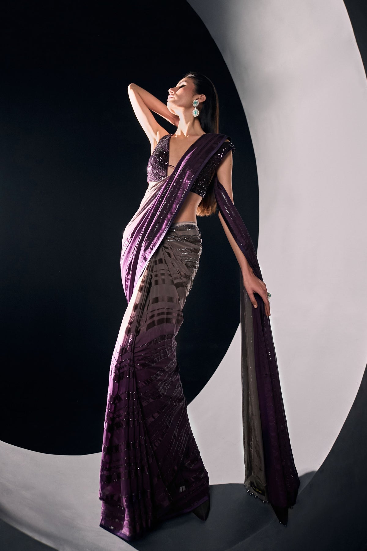 Purple Grey Ombré Stripe Saree