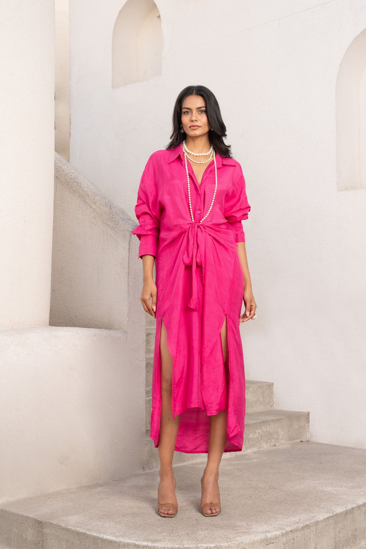 Hot Pink Tie-up Shirt Dress