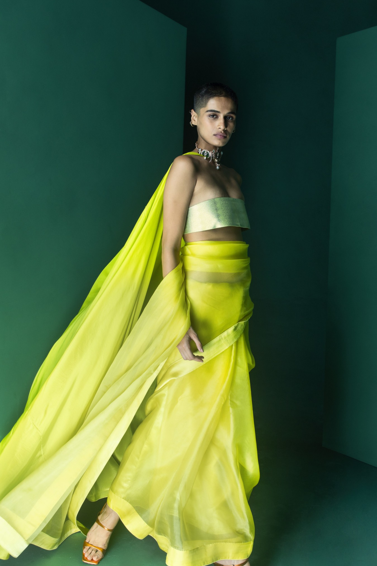 Handwoven Lemon Yellow Organza Sari