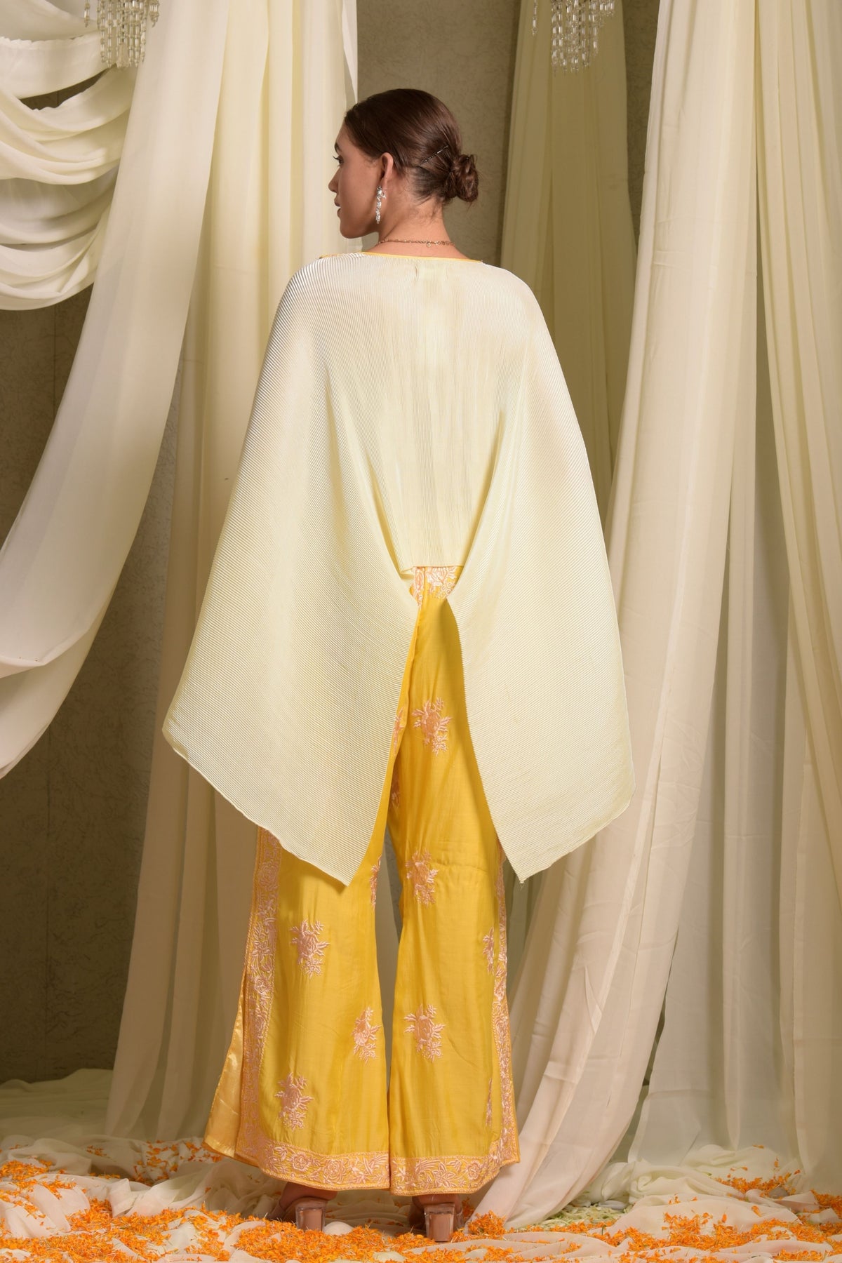 Reyna Gara Yellow Glazed Embroidered Pleated Cape Set