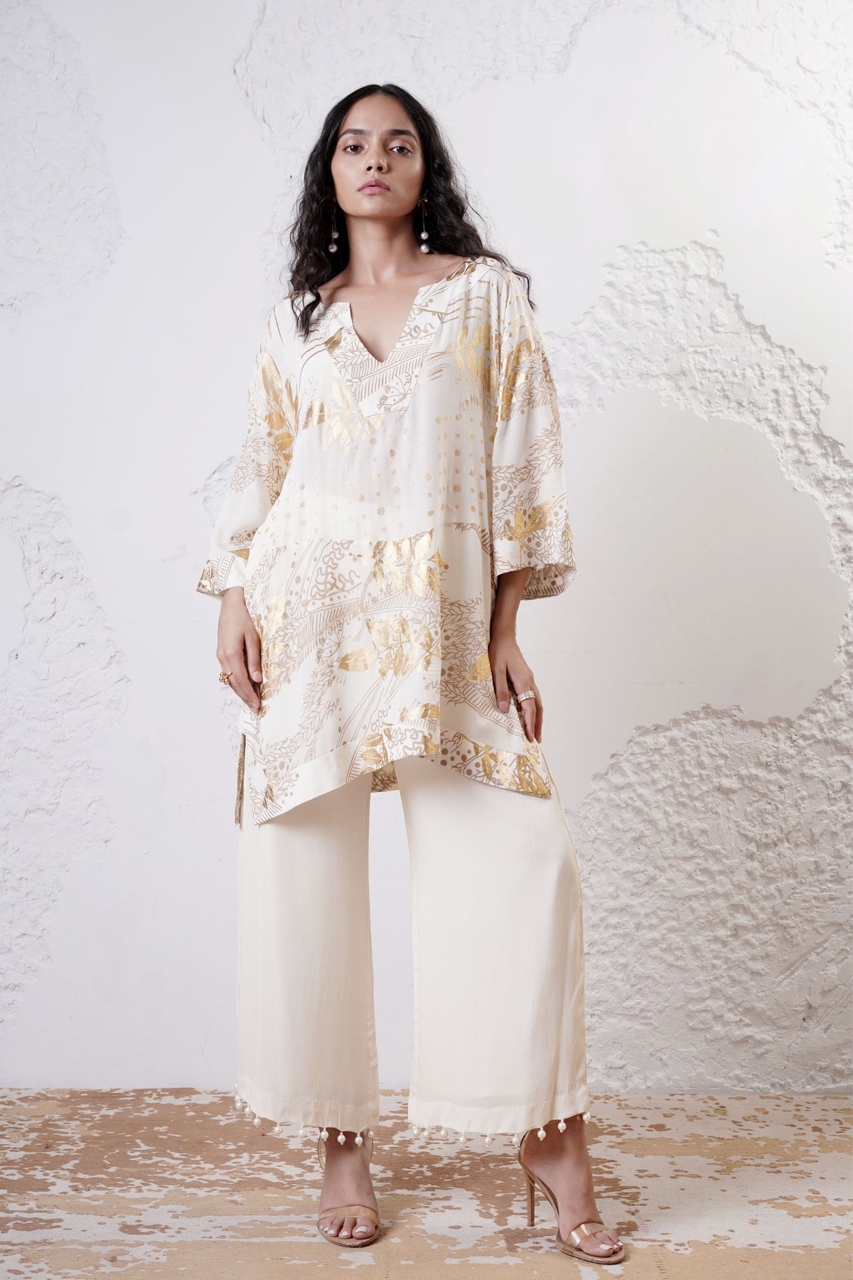 Ivory Foil Printed Kaftan Set