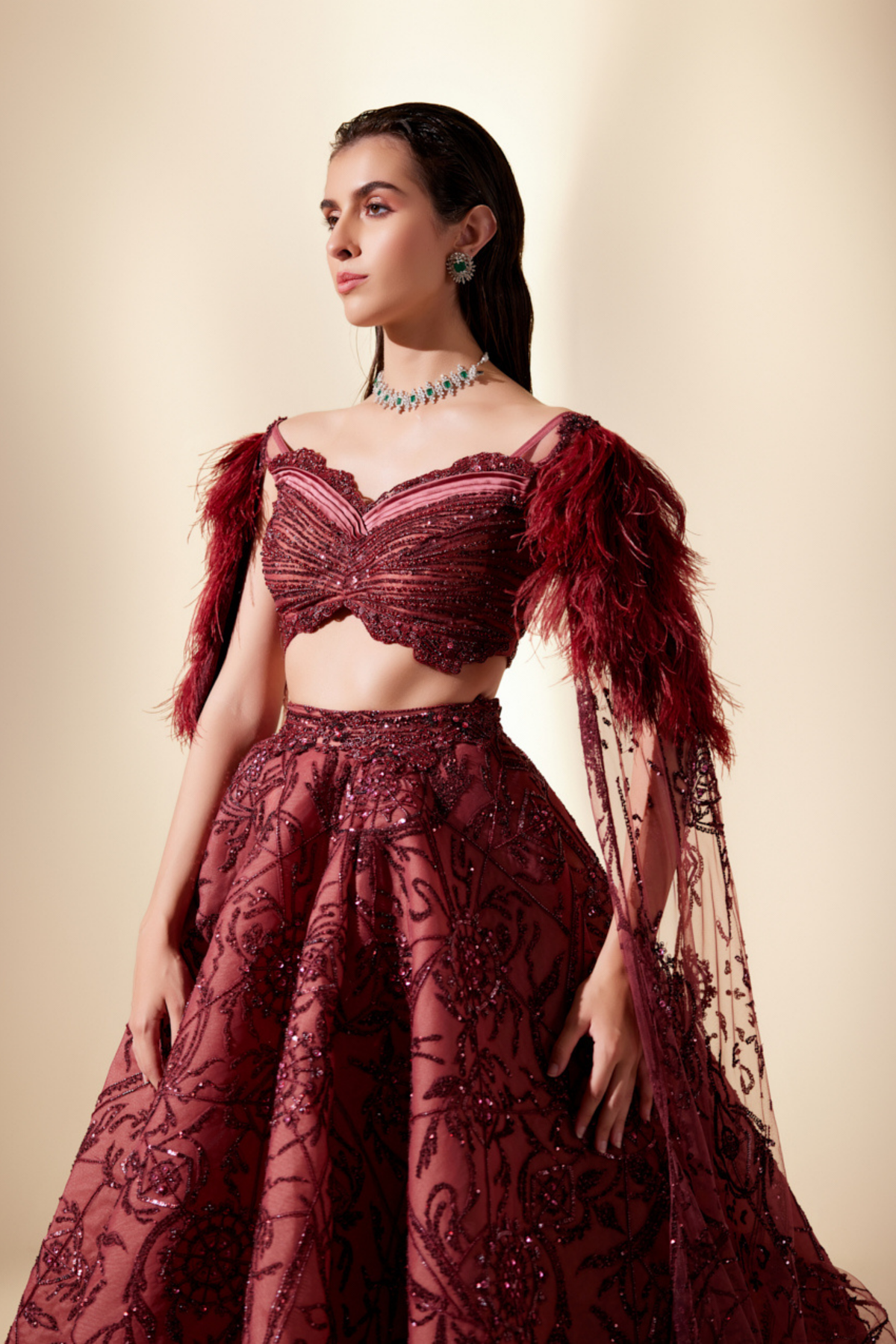 Wine Dewdrop Lehenga