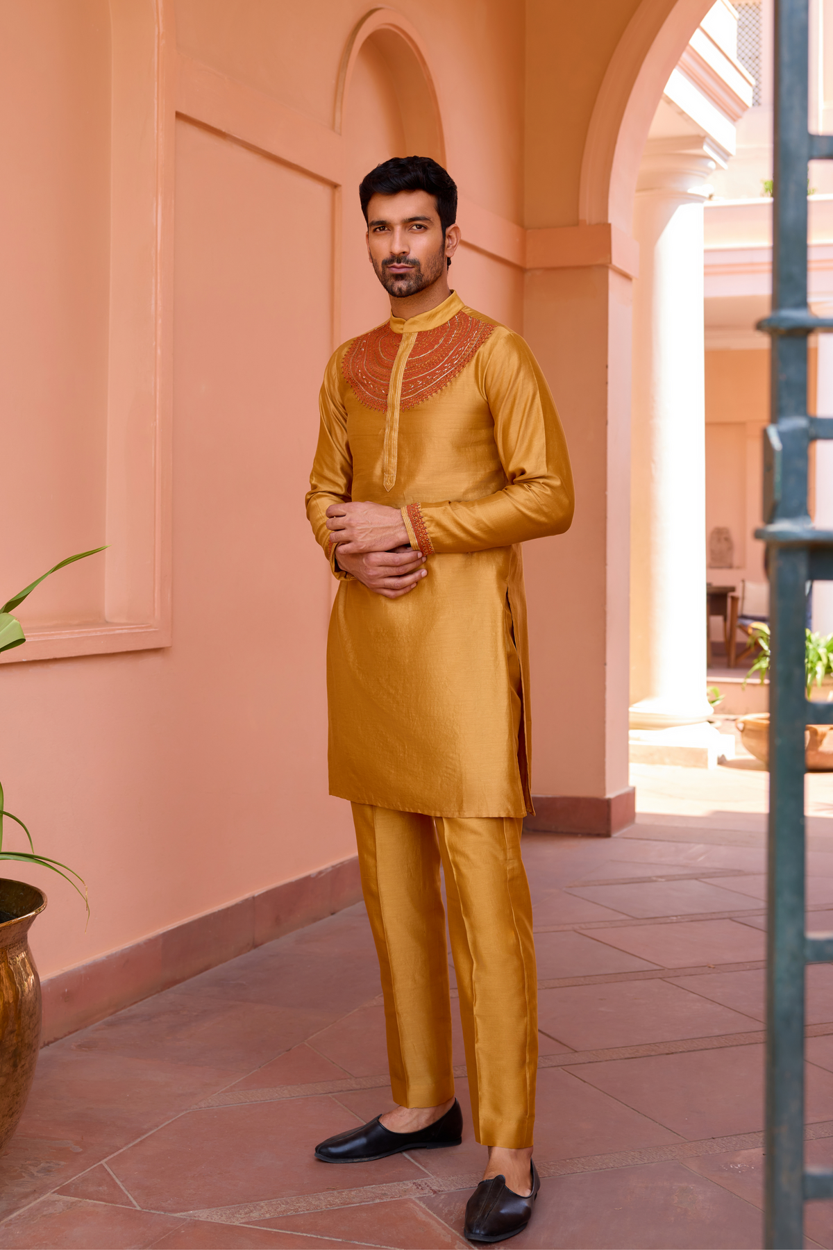 Gold mustard dori and hand embroidered silk kurta set