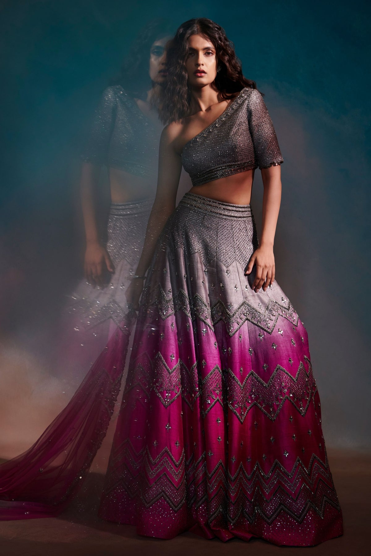 Grey and Fushia Lehnga Set