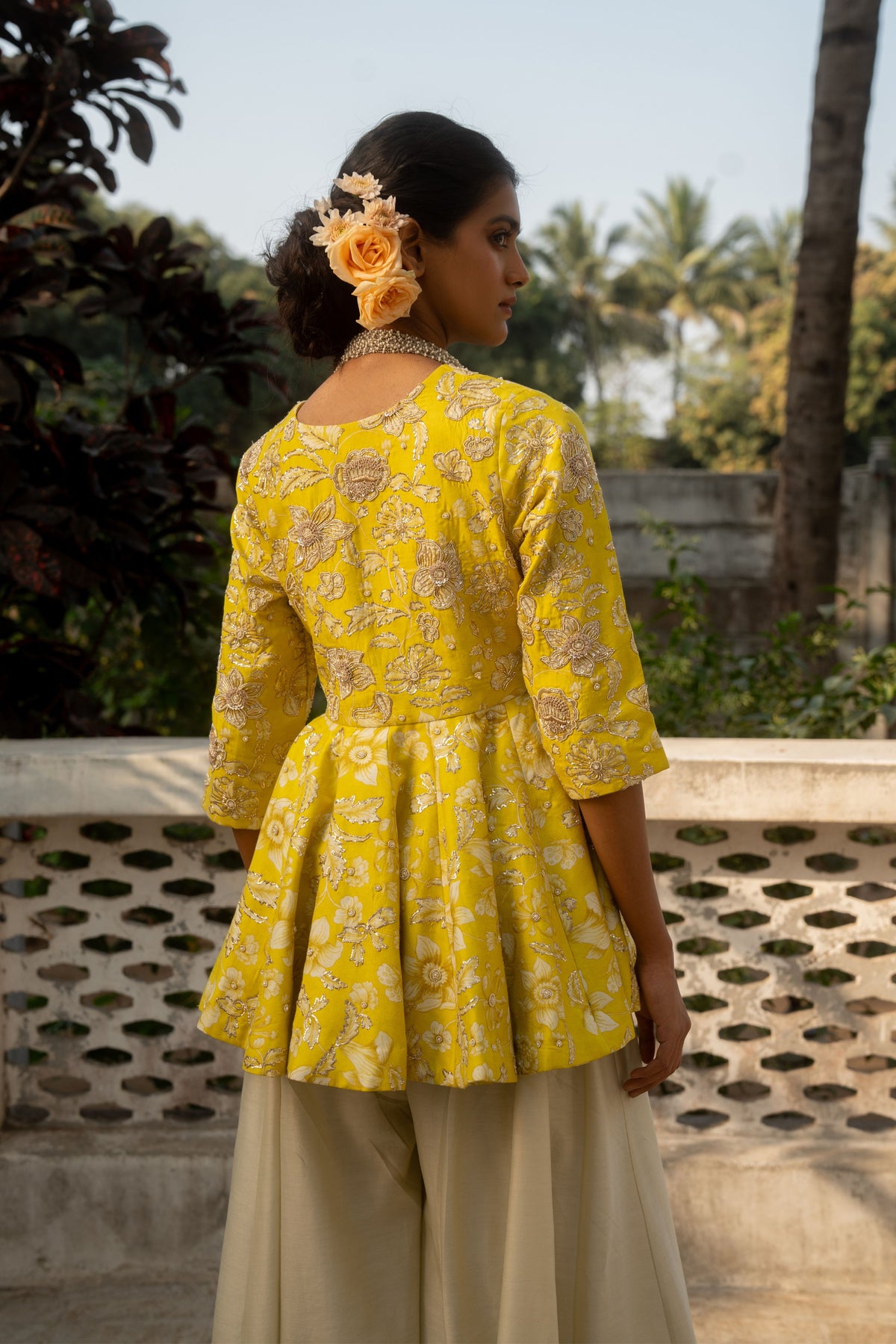 Lime Yellow Embroidered Peplum Set