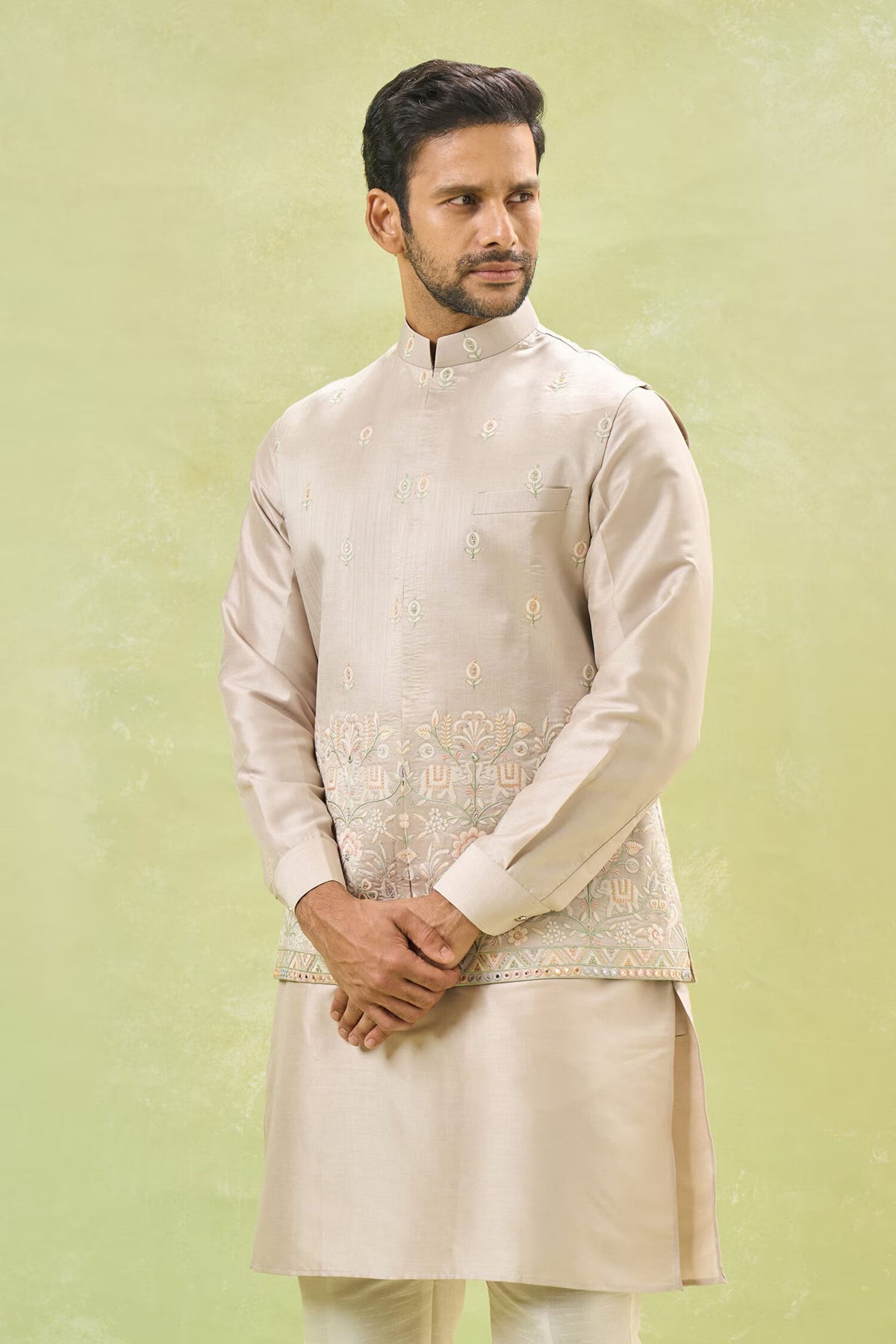 Beige Embroidered Nehru Jacket Set