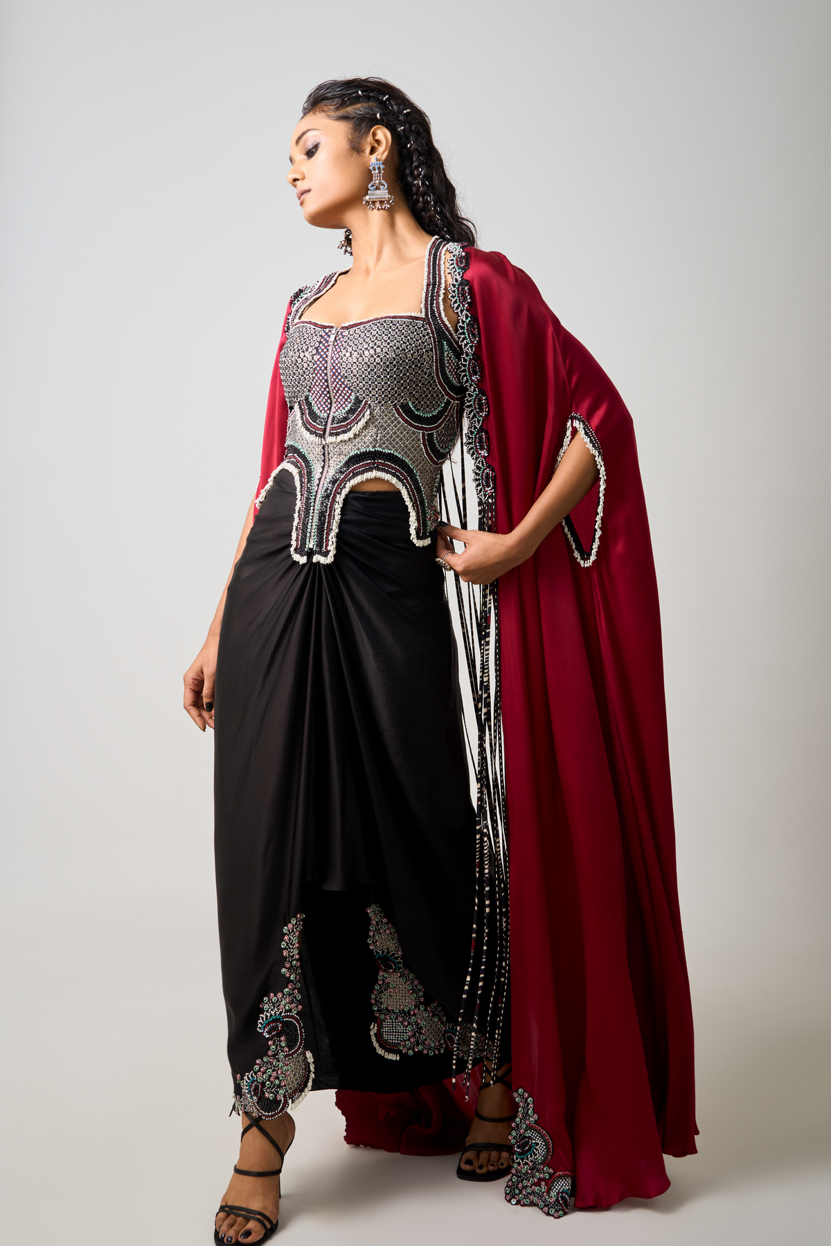 Black Embroidered Cape Set