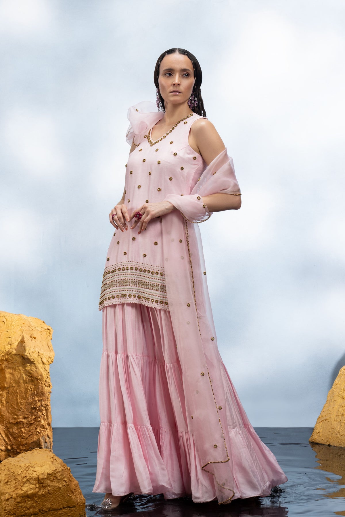 Pastel Pink Tiered Sharara Set