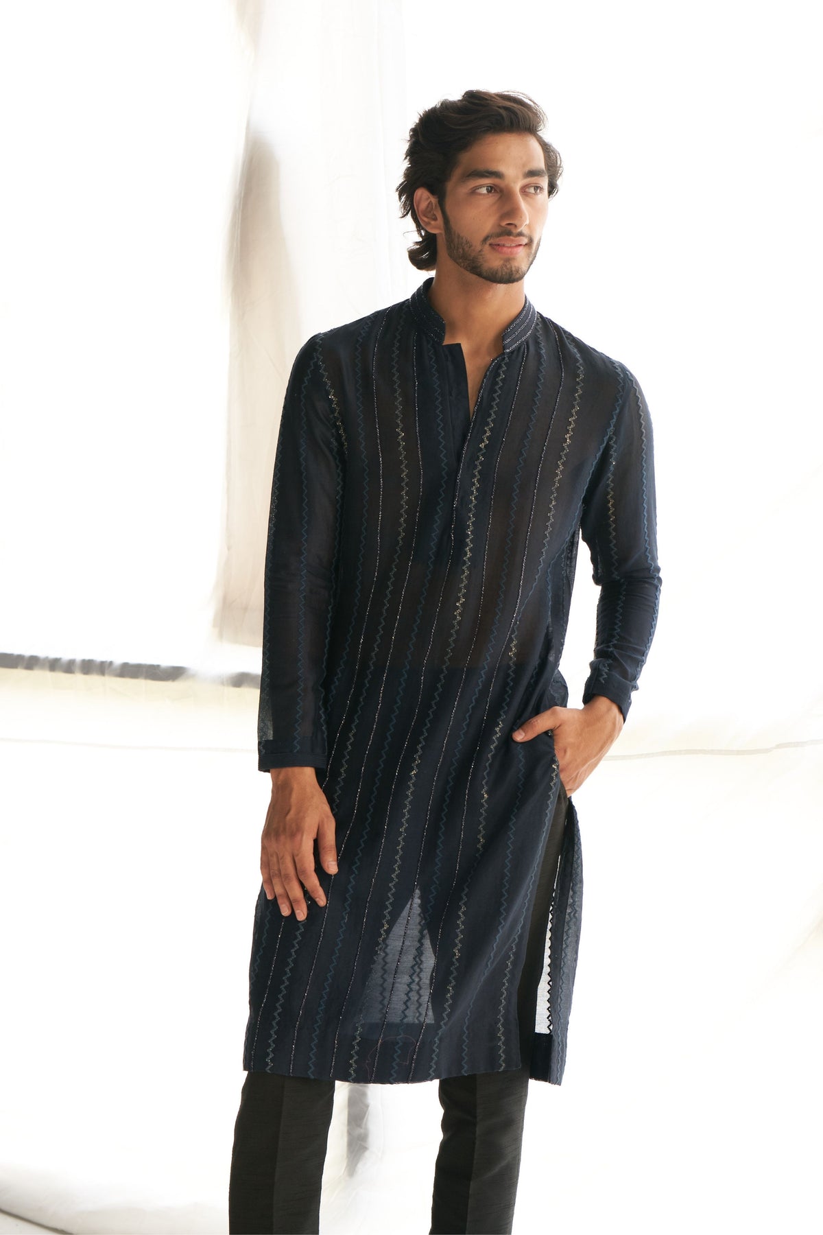 Navy Blue Chanderi Kurta