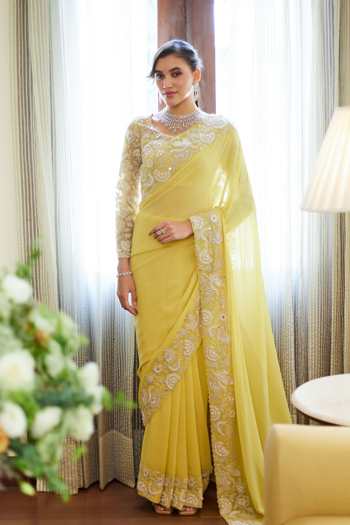 Yellow Garden Crane Saree