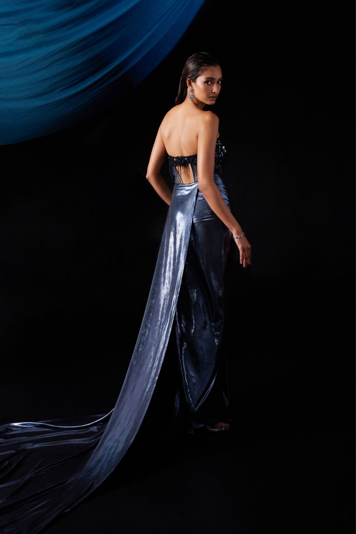 Metallic Blue Gown With Cape