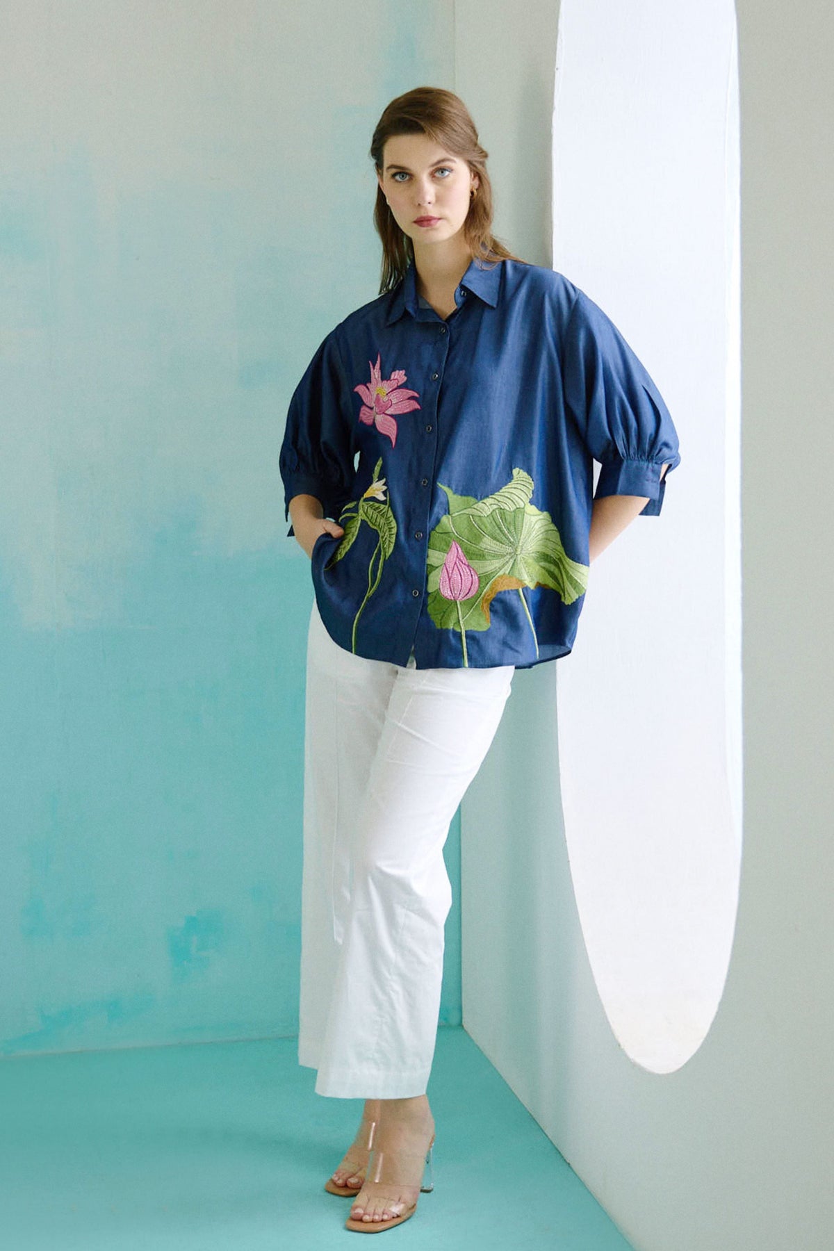 Denim Lotus Oversized Embroidered Shirt