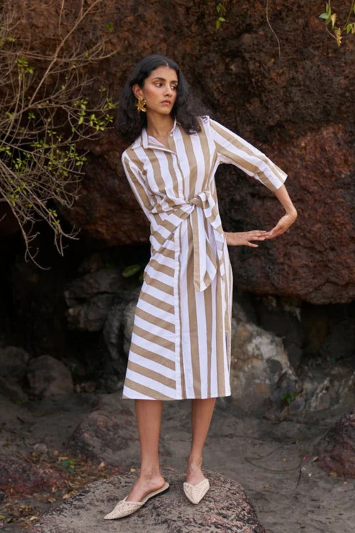 Side Tie Striped Shirt Dress