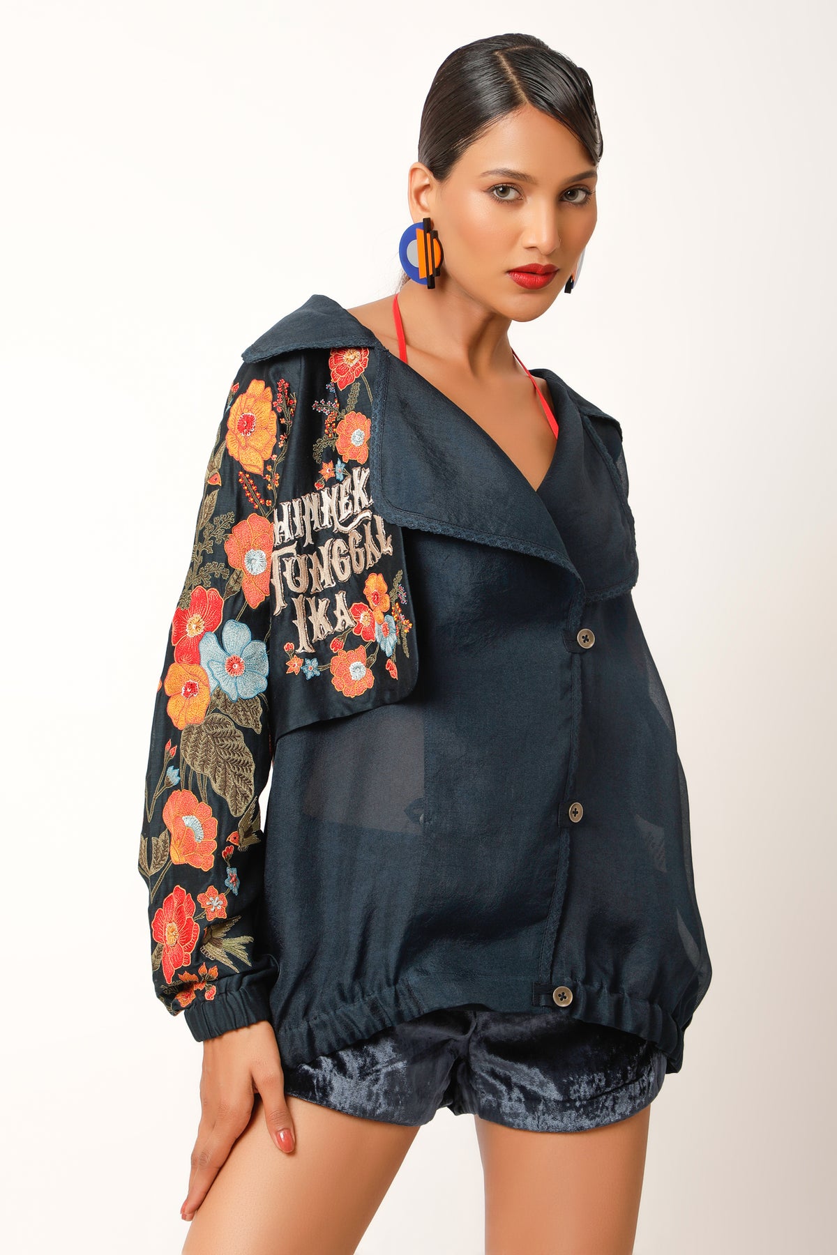 Foliage Embroidered Trench Bomber Jacket