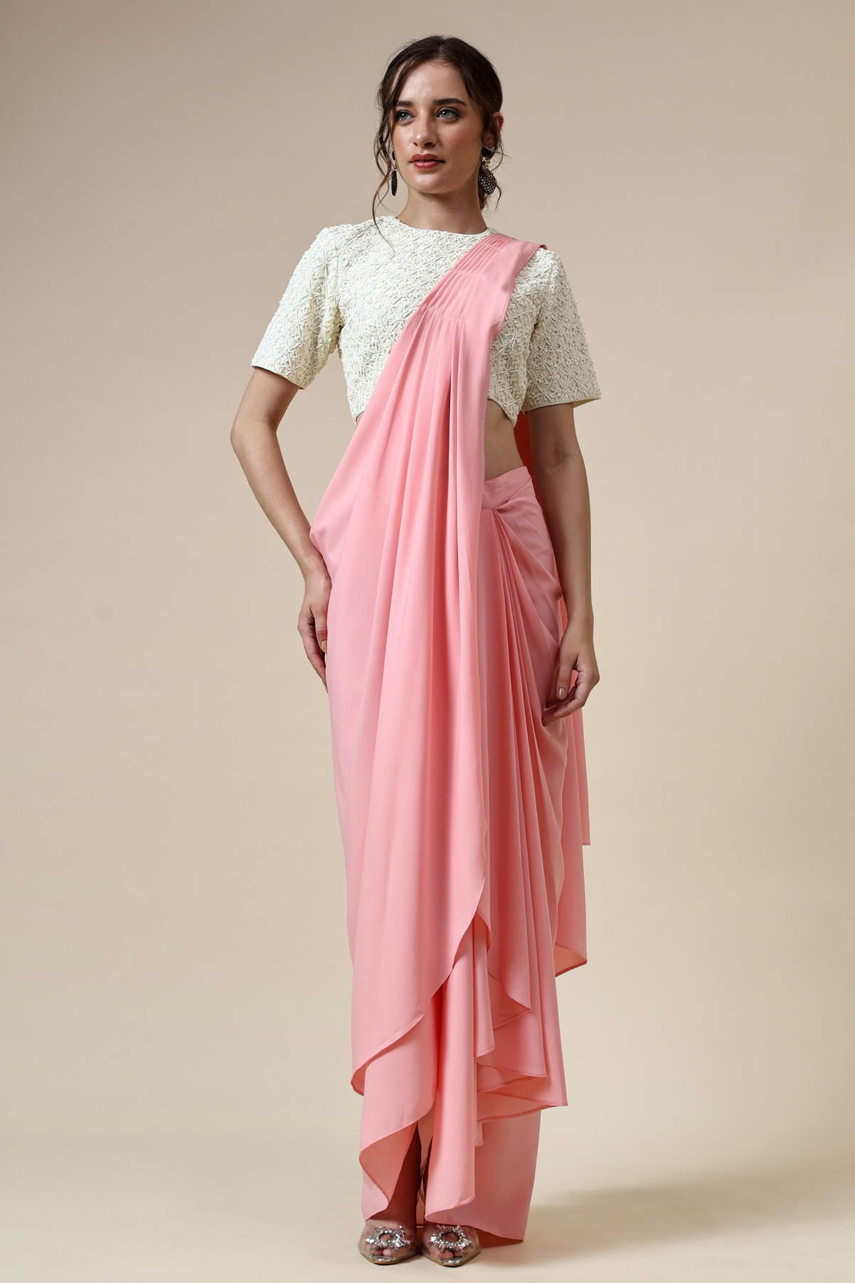 Snow Embellished Blouse With Pre- Draped Sari