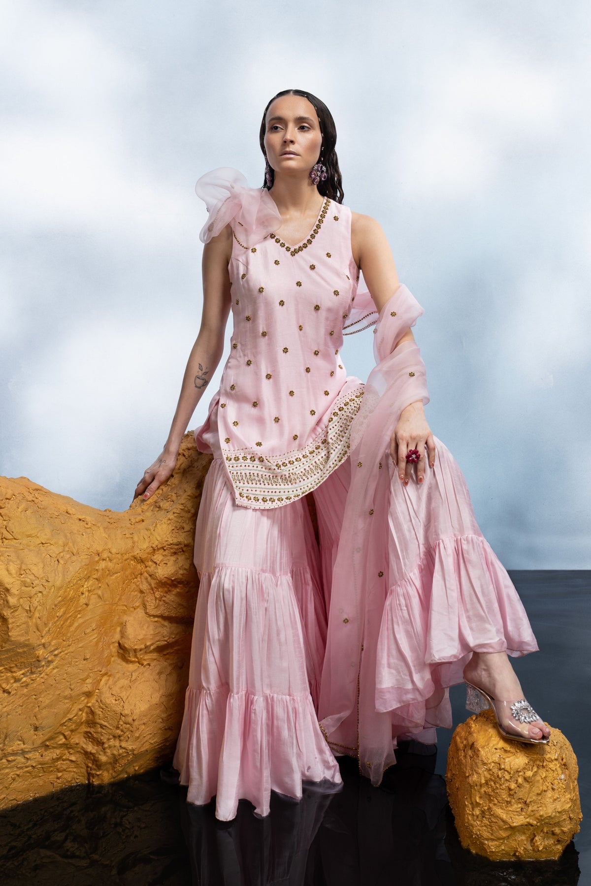 Pastel Pink Tiered Sharara Set