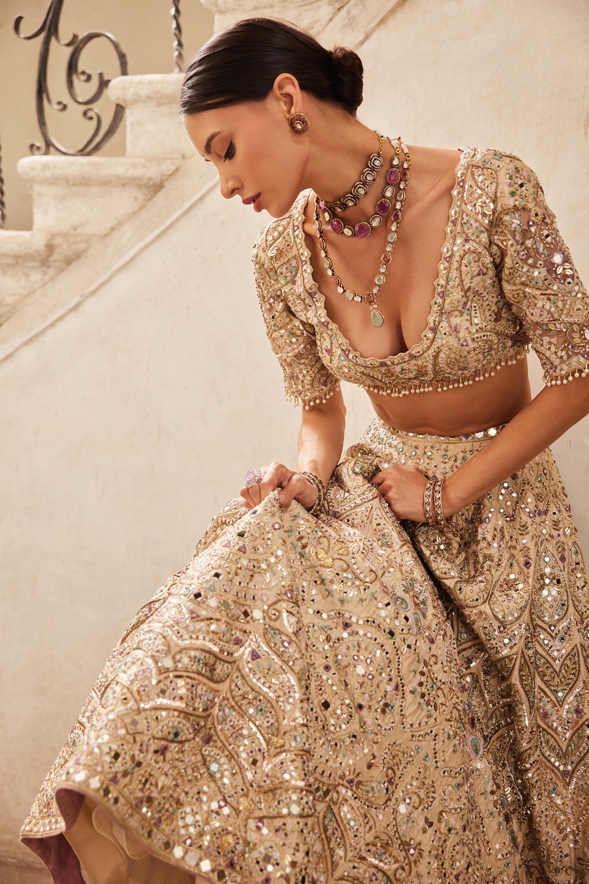 Champagne Rawsilk Mirror Lehenga Set