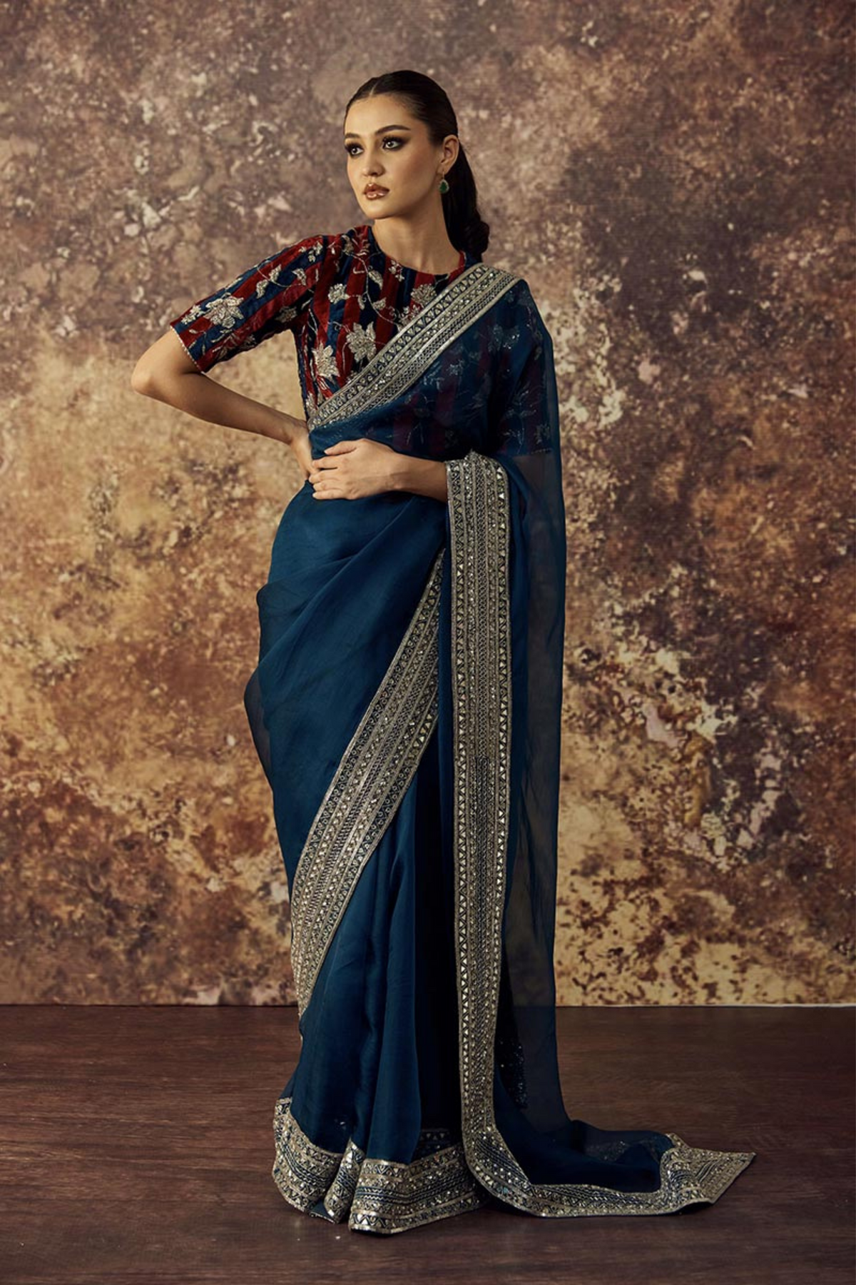 Blue Embroidered Saree Set