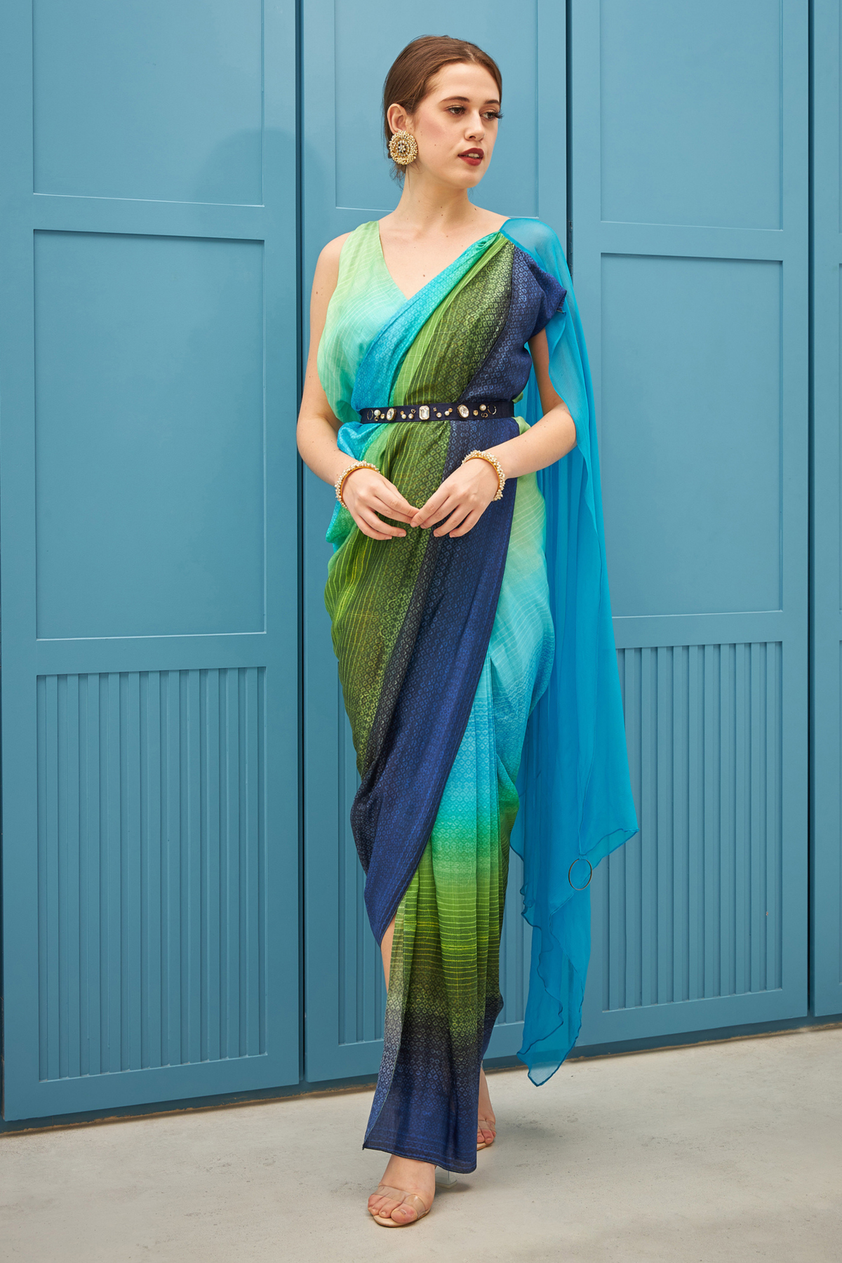 Saree Gown With Hand Embellished Belt .