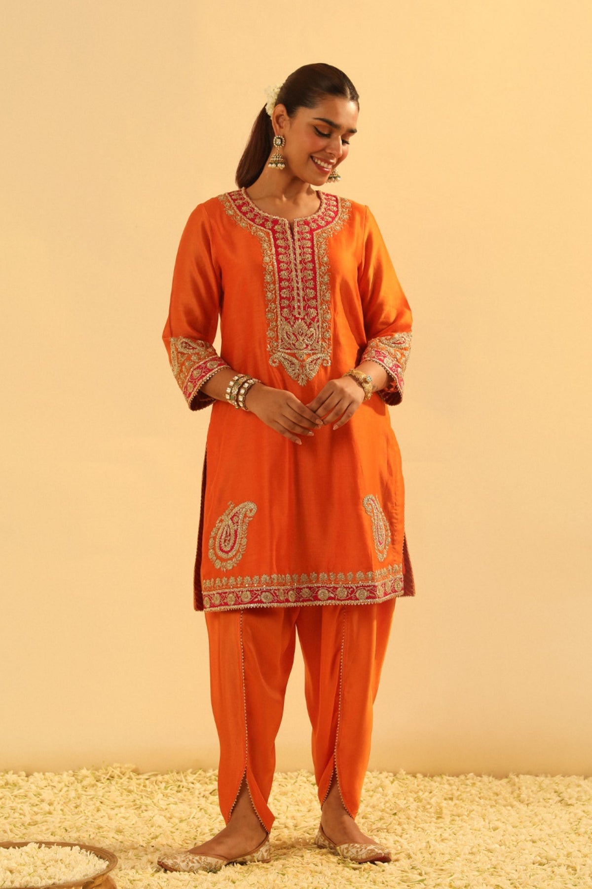 Anjum Short Orange Kurta With Dhoti