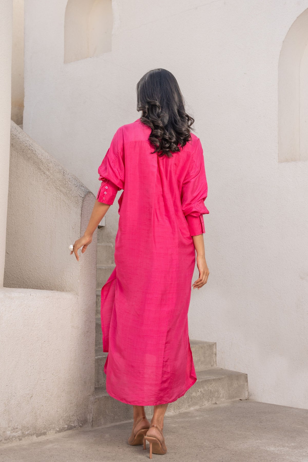 Hot Pink Tie-up Shirt Dress