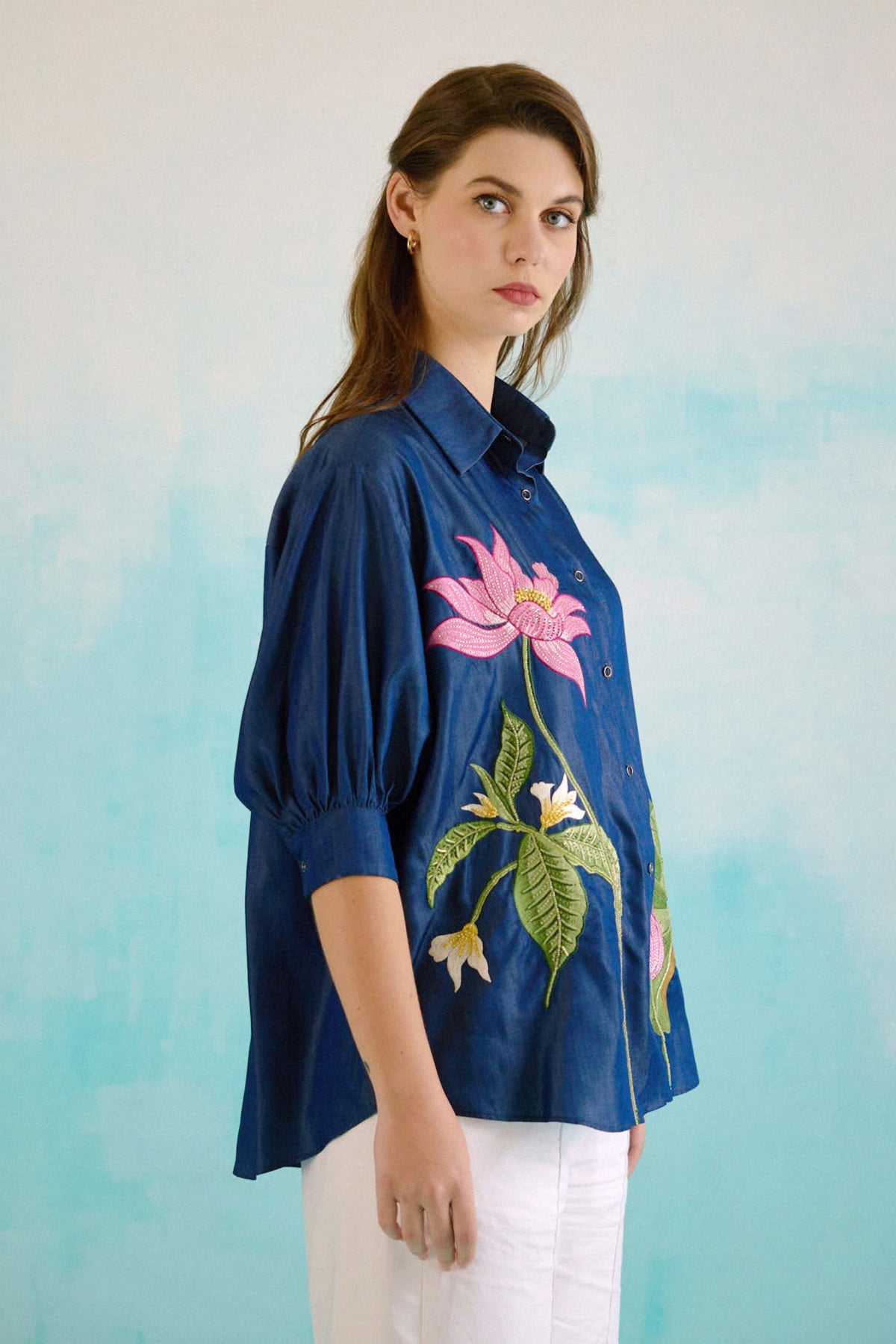 Denim Lotus Oversized Embroidered Shirt