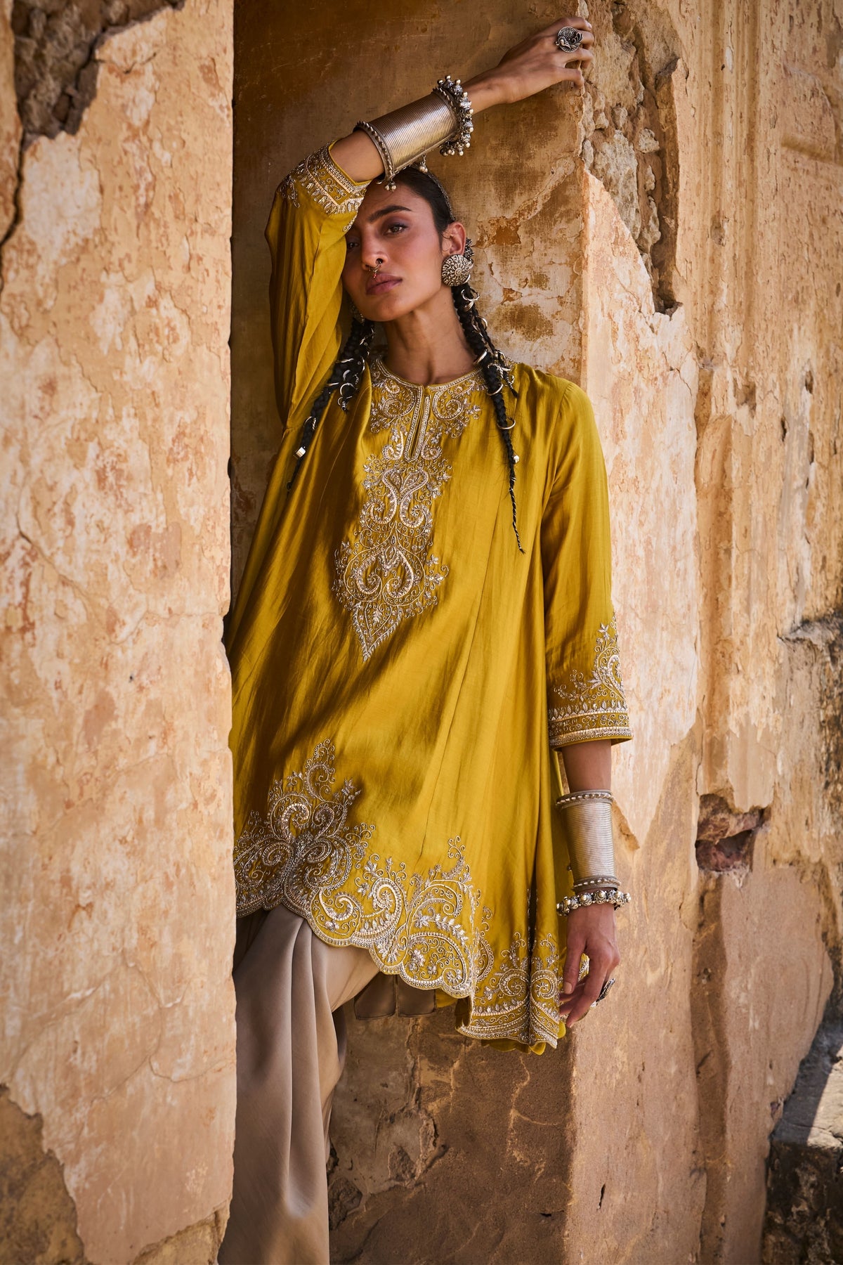 Embroidered Mustard Tunic Set