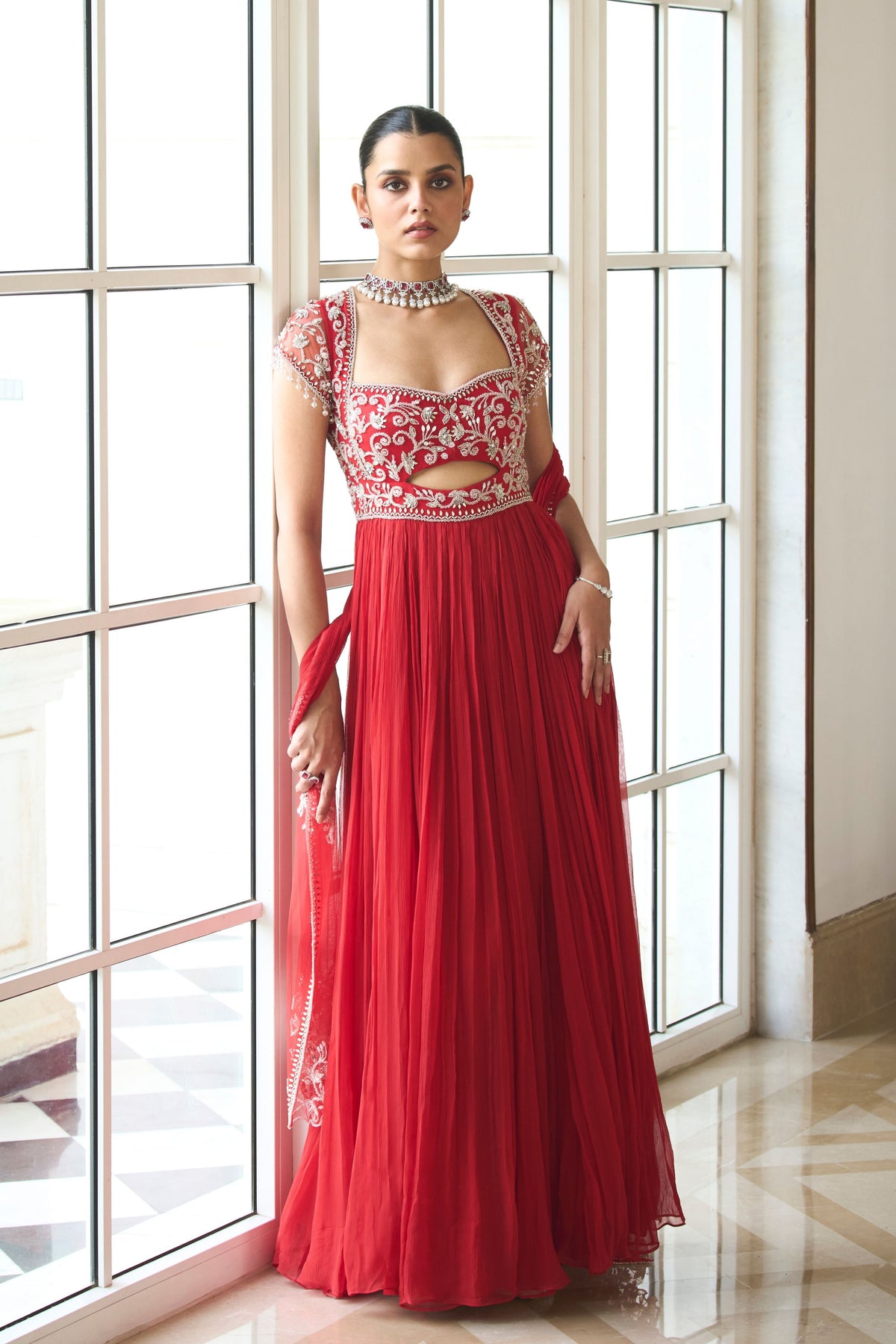 Red Chiffon Anarkali Set