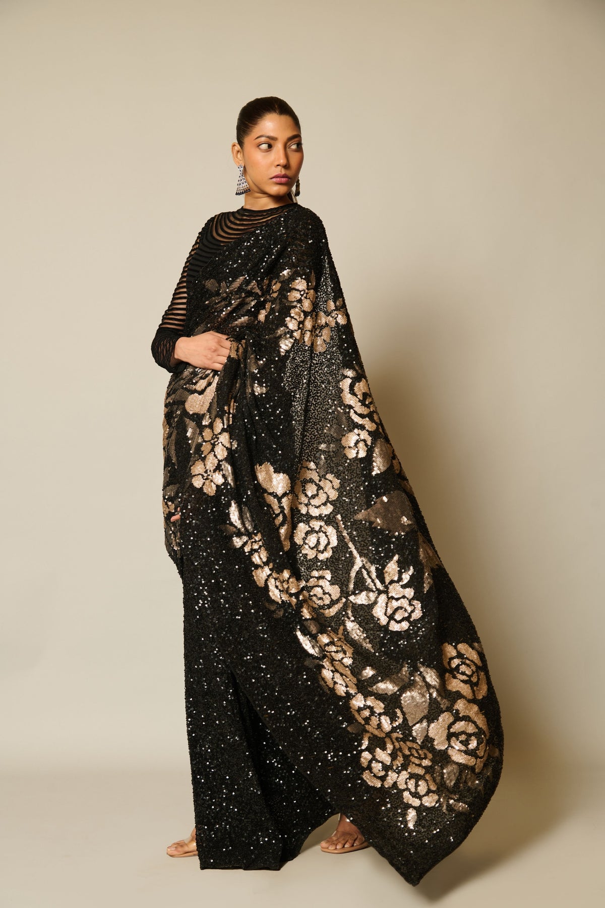 Checkmate Black-gold Sequin Floral Saree