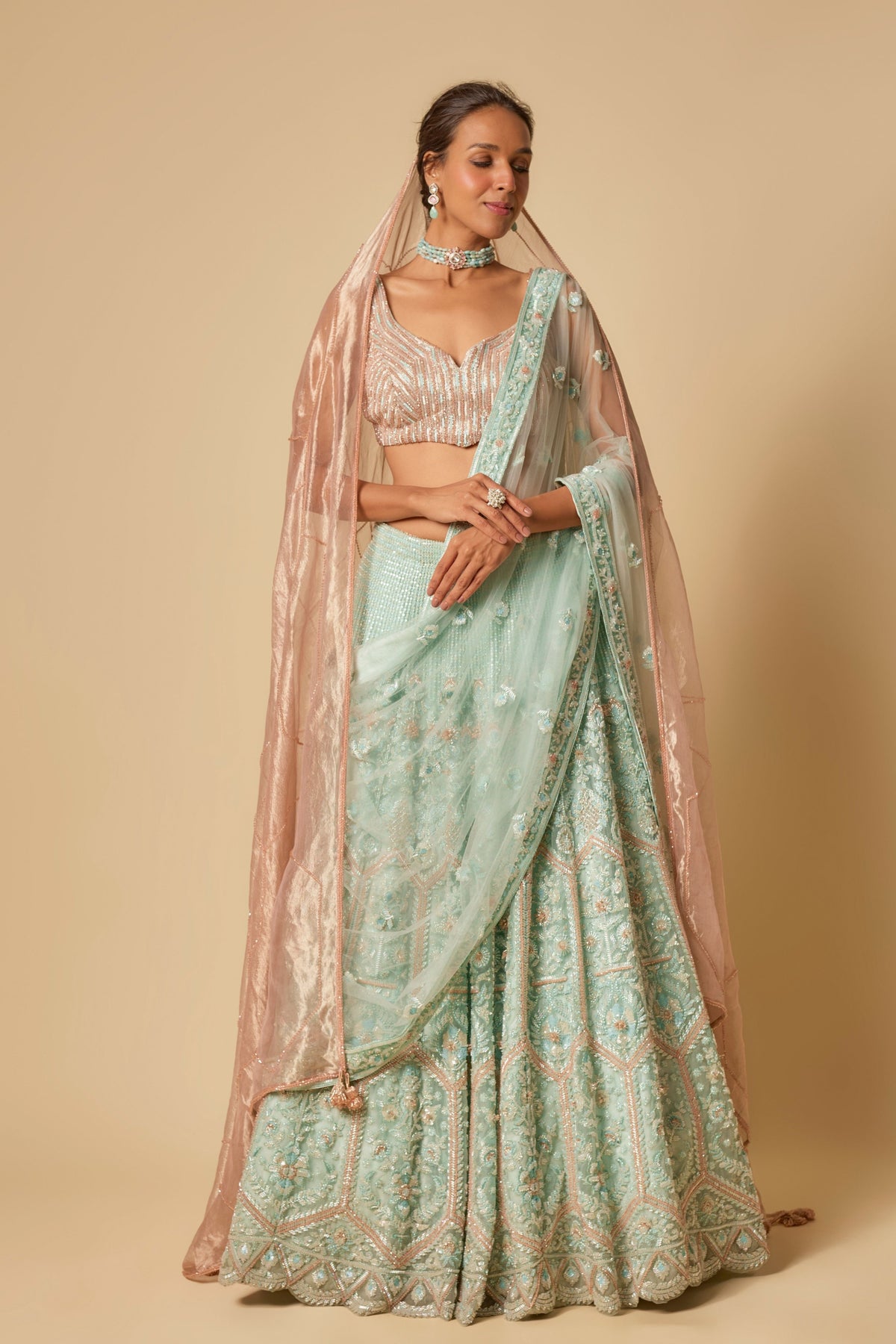 Mint Heavy Embroidered Lehenga Set