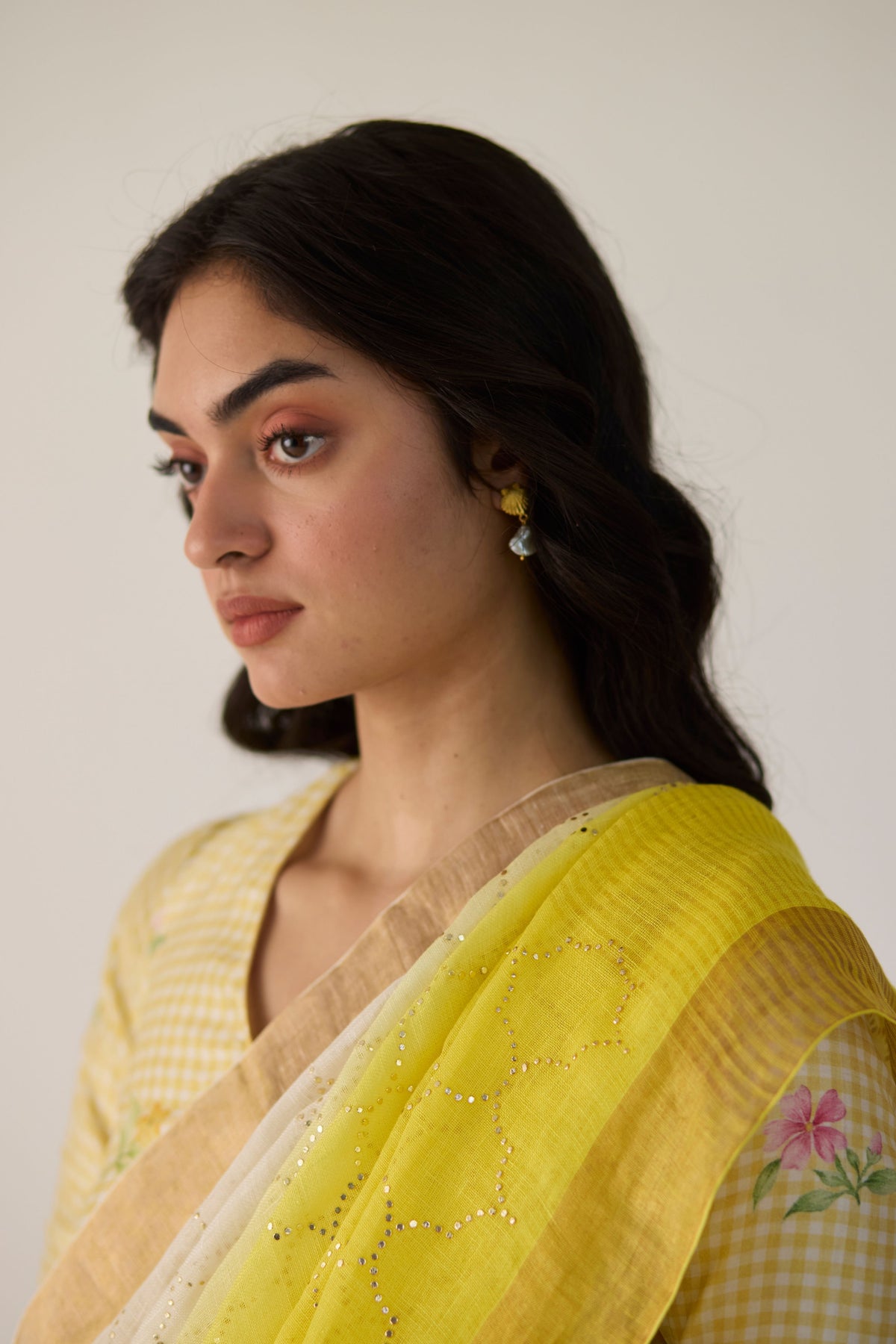 Yellow Ombre Sari With Gold Dot Print