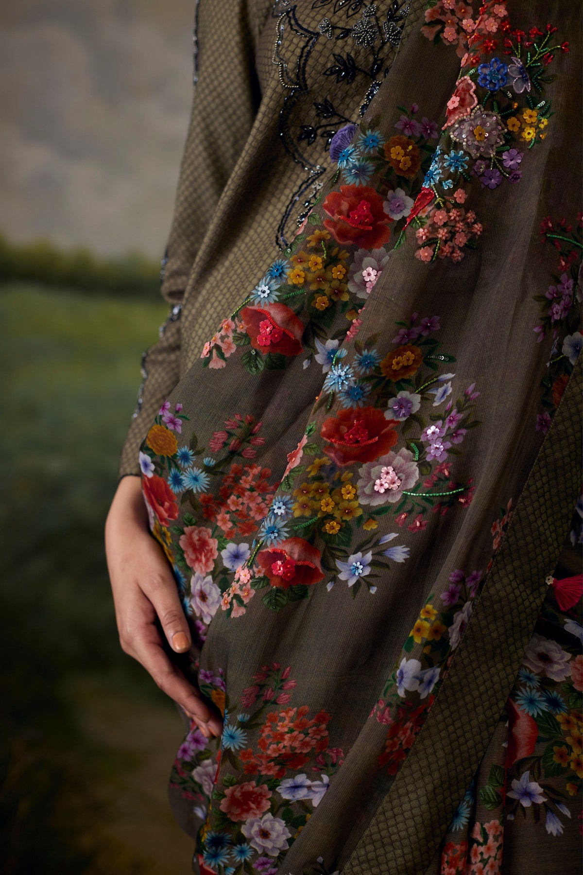 Dusty Grey Floral Saree