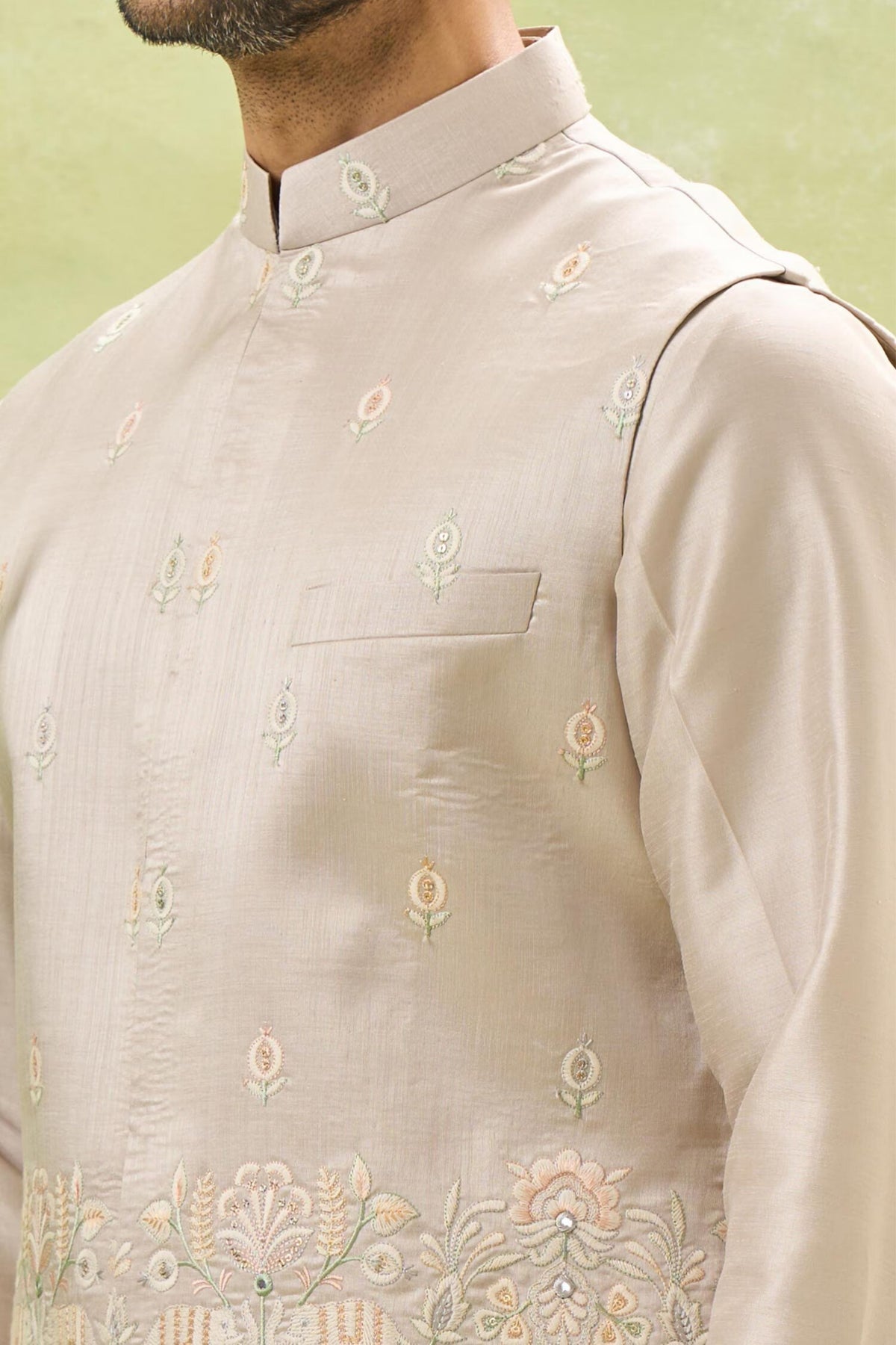 Beige Embroidered Nehru Jacket Set