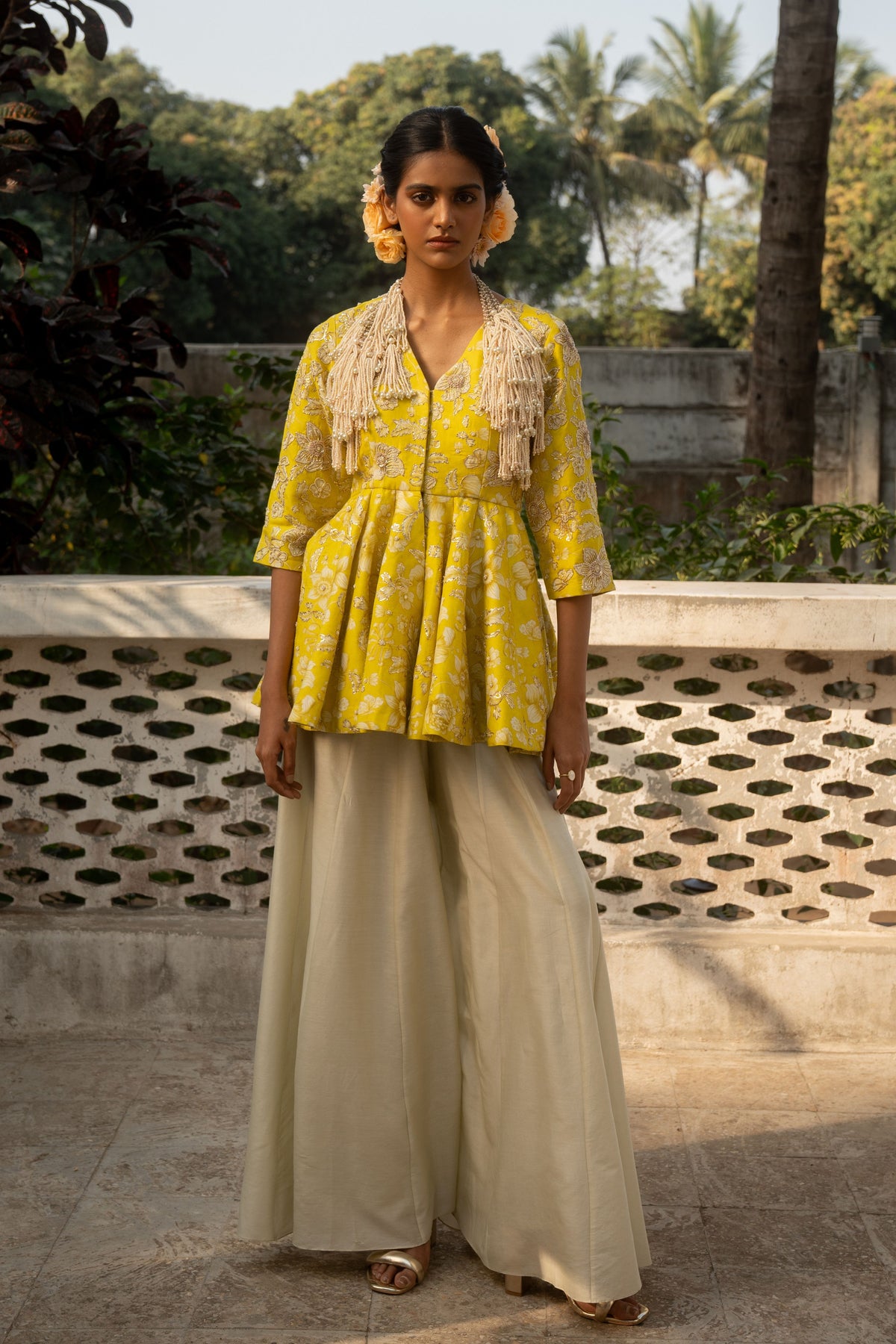 Lime Yellow Embroidered Peplum Set